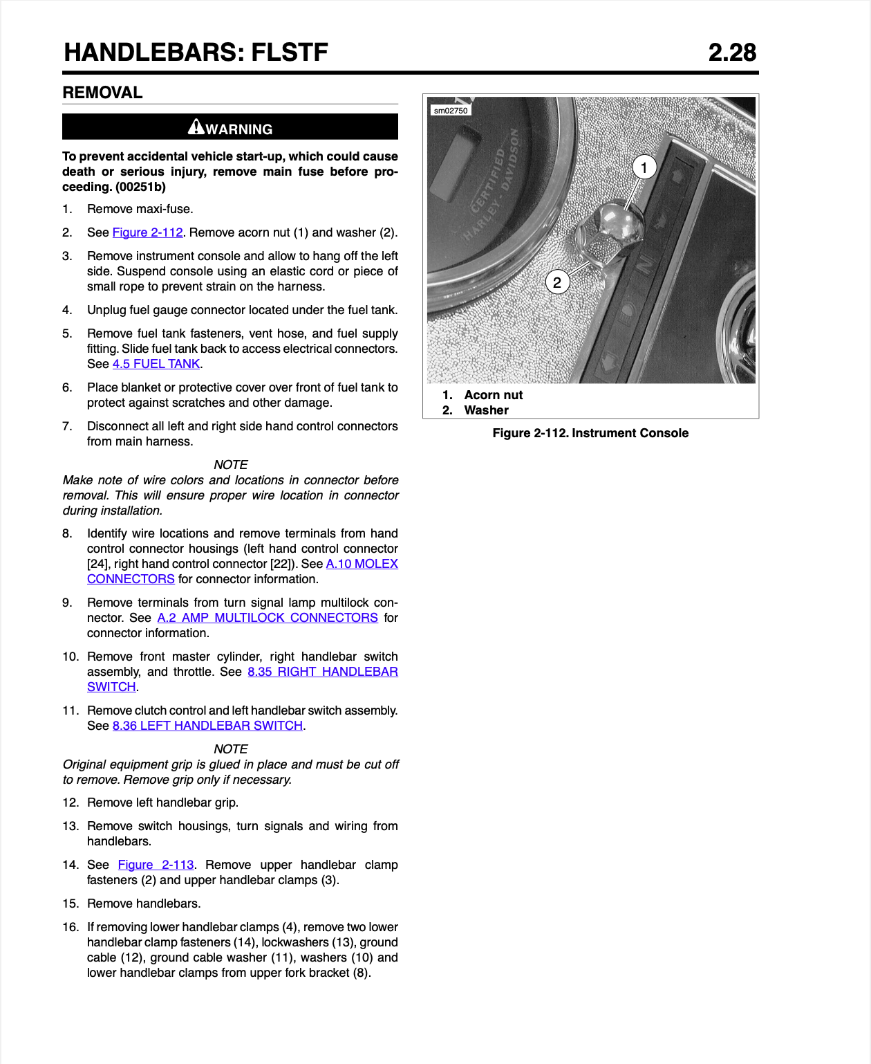 Harley-Davidson Softail 2008 service manual page 2.28 — handlebar removal instructions with Figure 2-112 instrument console diagram showing acorn nut and washer.