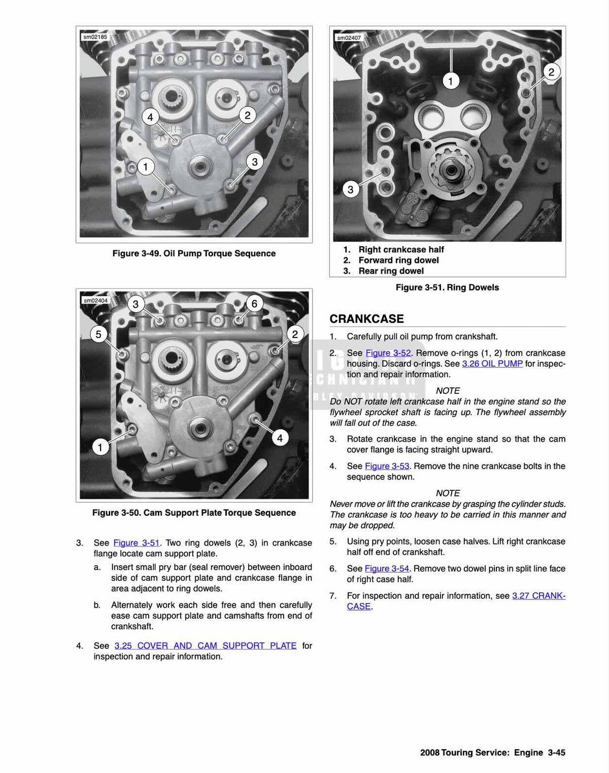 service manual page showing labeled exploded-view diagrams of the oil pump, cam support plate, and ring gear with numbered instructions.