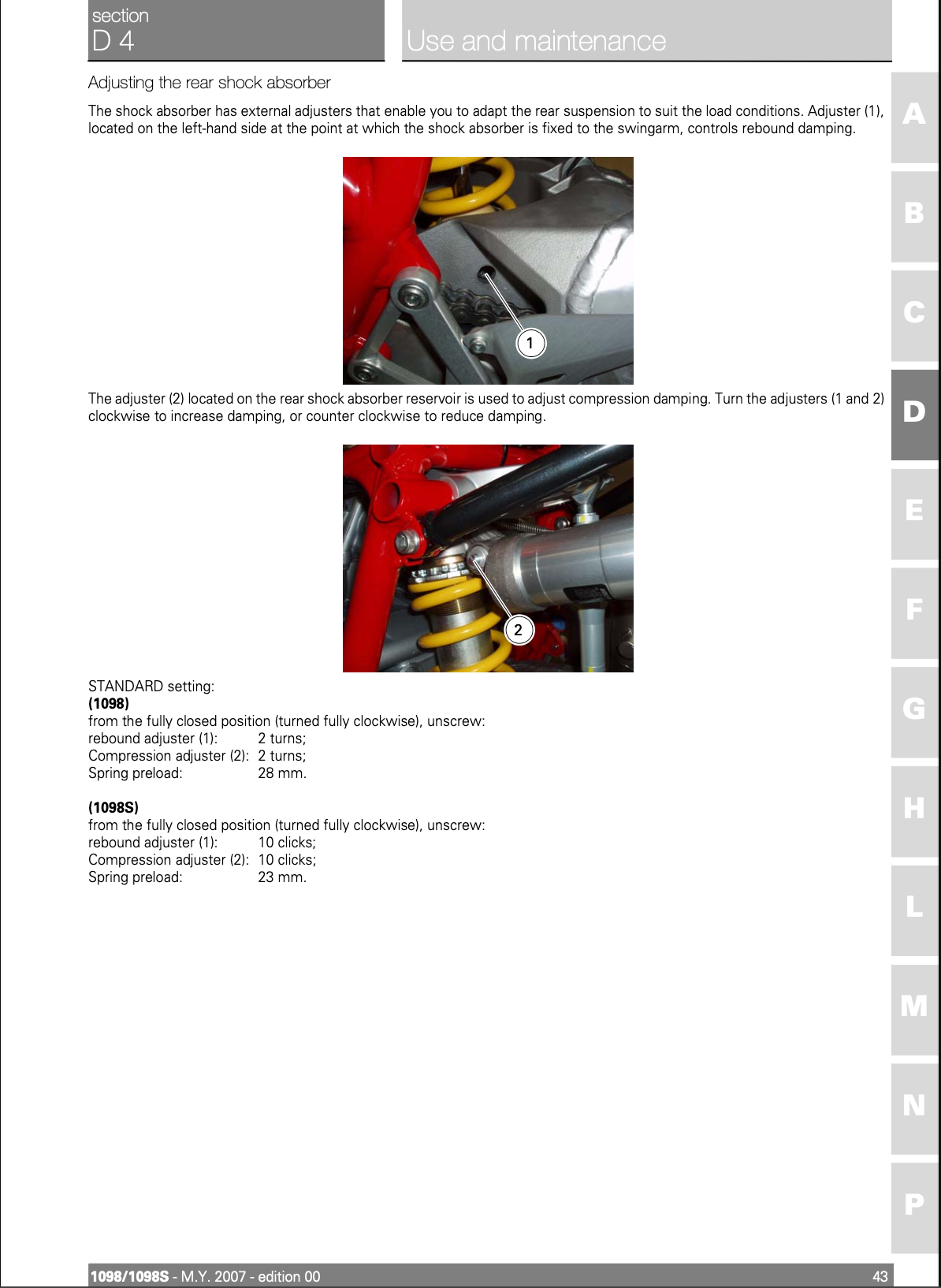 A printed use and maintenance instruction sheet showing how to adjust the rear shock absorber on a red motorcycle. The page includes a color photo of the red and silver shock absorber assembly, explanatory text, and standard setting instructions with measurement notes.