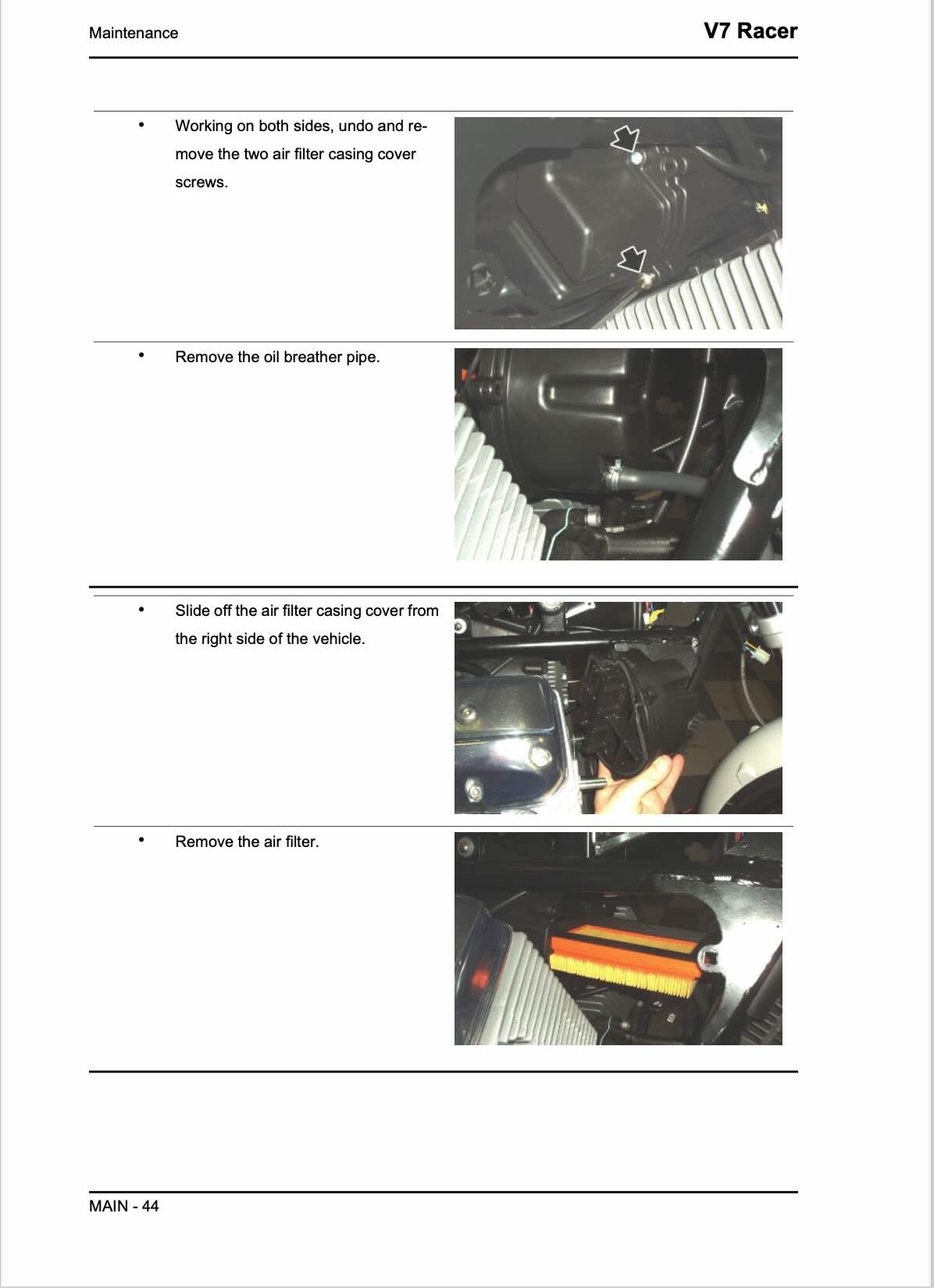 Moto Guzzi V7 Racer service manual page MAIN-44 maintenance with air filter casing cover screw removal working both sides, oil breather pipe removal, air filter casing cover sliding off from right vehicle side, and air filter cartridge replacement showing yellow and orange pleated filter element with installation photos