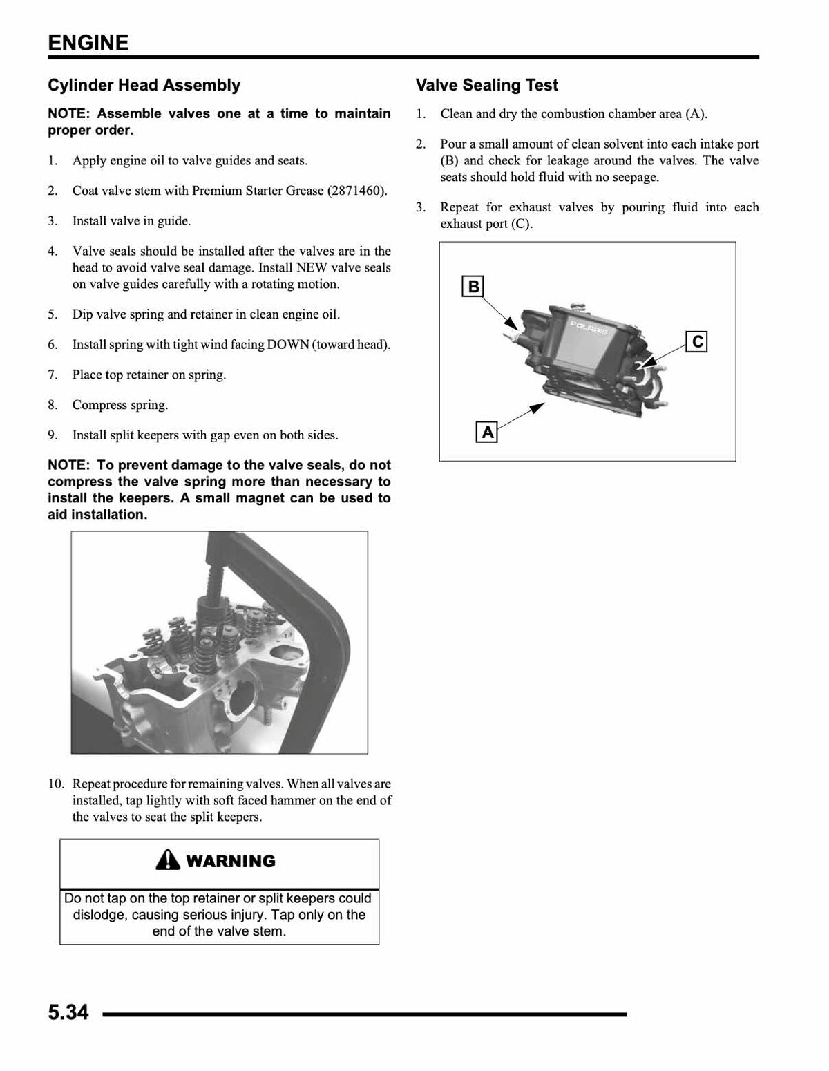 Polaris Sportsman XP 850 service manual page 5.34 cylinder head valve assembly and sealing test
