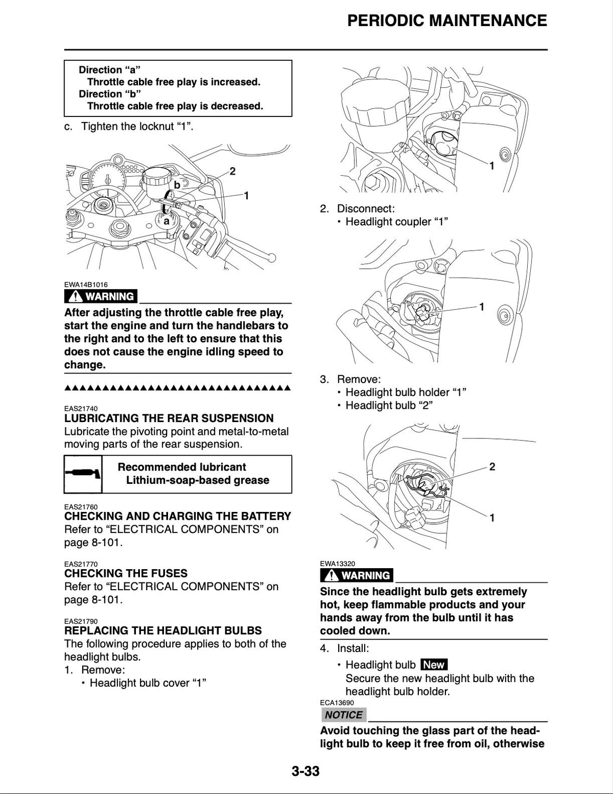 A printed maintenance manual page with text, diagrams, and numbered steps for periodic headlight bulb maintenance, including illustrations of a headlight and wiring-related parts.