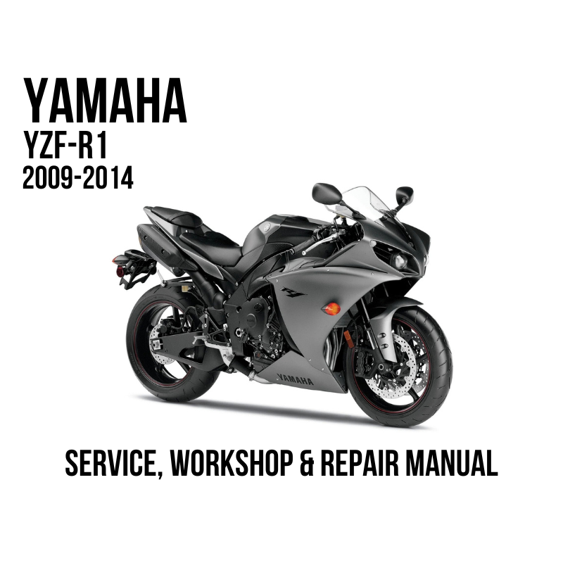 2009-2014 Yamaha YZF-R1 R1 motorcycle shown in side profile on a white background, with large black text reading 'SERVICE, WORKSHOP & REPAIR MANUAL' at the bottom.