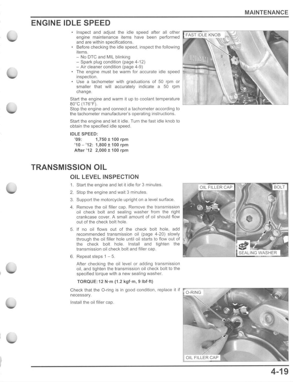 A printed maintenance manual page with text sections titled 'ENGINE IDLE SPEED' and 'TRANSMISSION OIL', plus small photos of a car engine and oil filler cap. This is not a product beauty shot, and it functions as instructional/manual content rather than a product being sold, so subject_type is Instruction Diagram.
