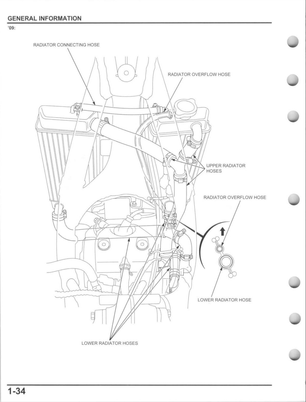 A black and white technical schematic diagram page from an automotive manual, showing engine radiator hoses with labels such as radiator connecting hose, radiator overflow hose, upper radiator hoses, and lower radiator hoses.