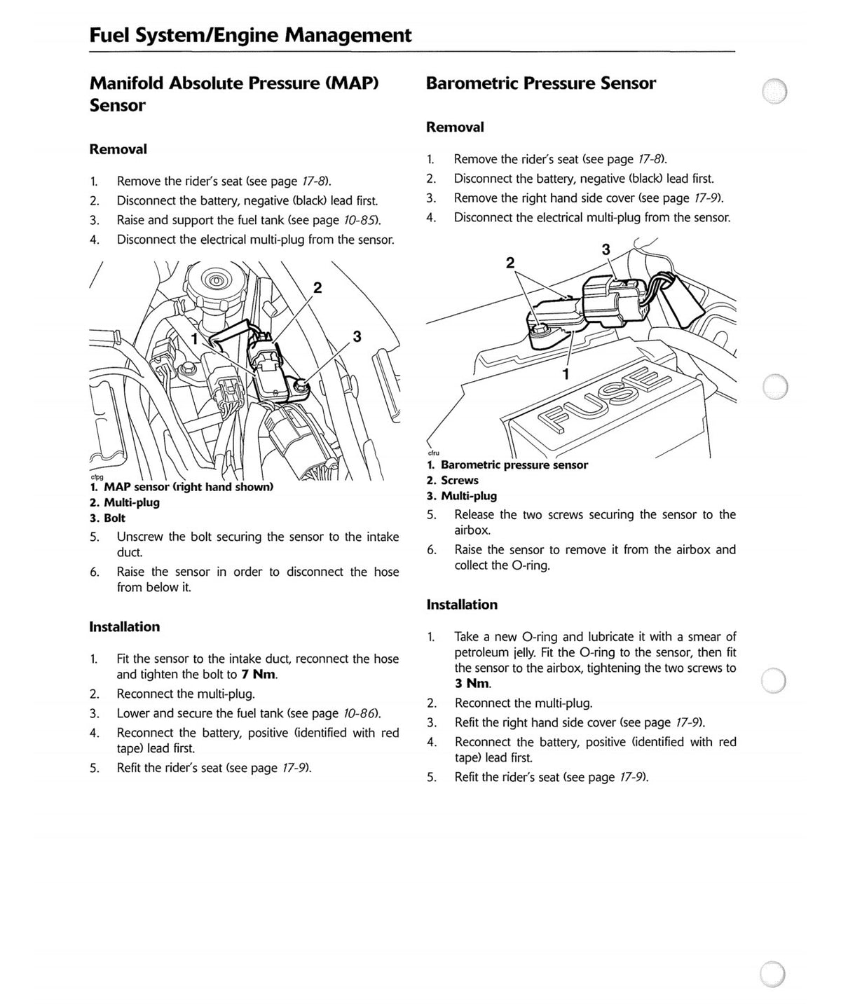 A black-and-white technical manual page titled 'Fuel System/Engine Management' with sections for the Manifold Absolute Pressure (MAP) Sensor and Barometric Pressure Sensor, including removal and installation steps with numbered callouts.