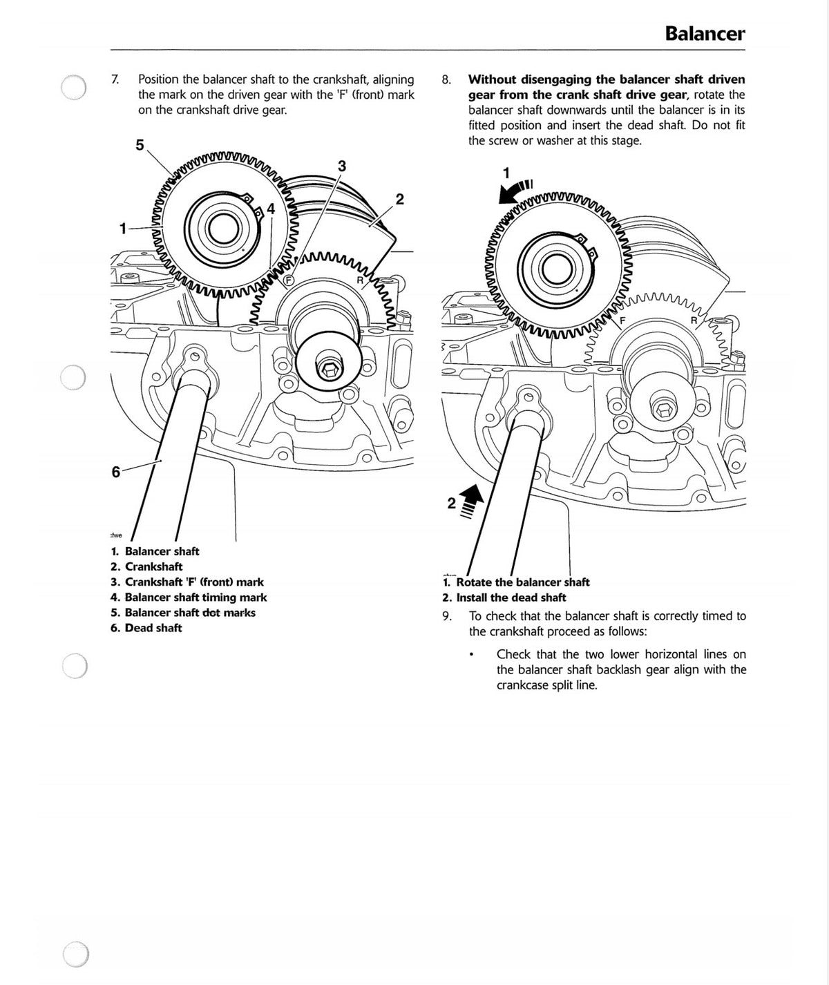Triumph Thunderbird 1600 service manual page showing balancer shaft alignment and installation diagram with crankshaft timing marks
