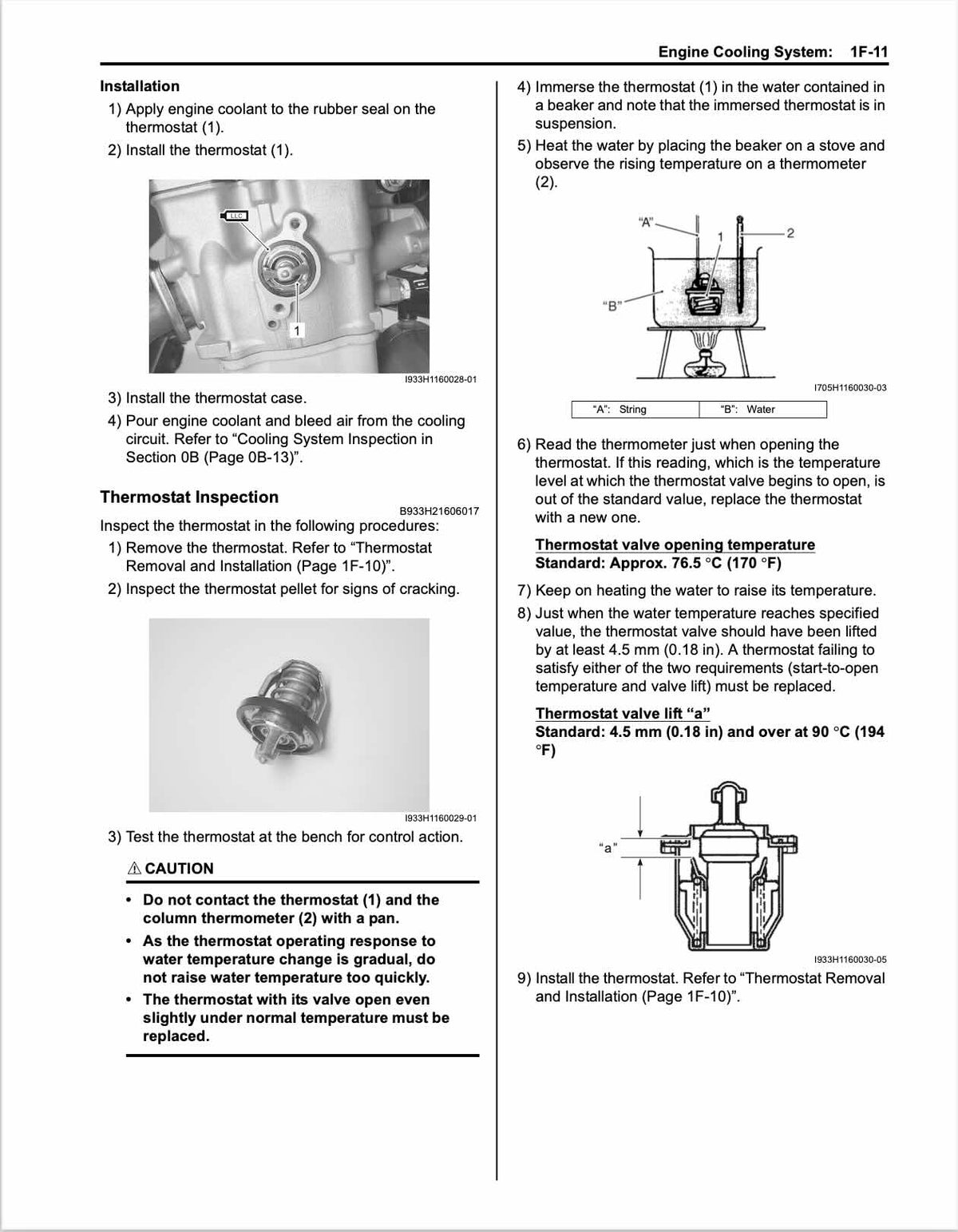 Suzuki LT-Z400 service manual page 1F-11 thermostat installation and inspection photos and diagrams