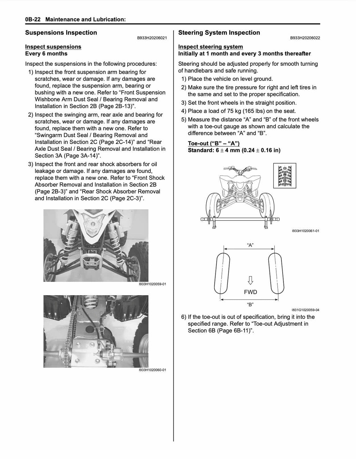 Suzuki LT-Z400 service manual page 0B-22 suspension and steering inspection with toe-out diagram