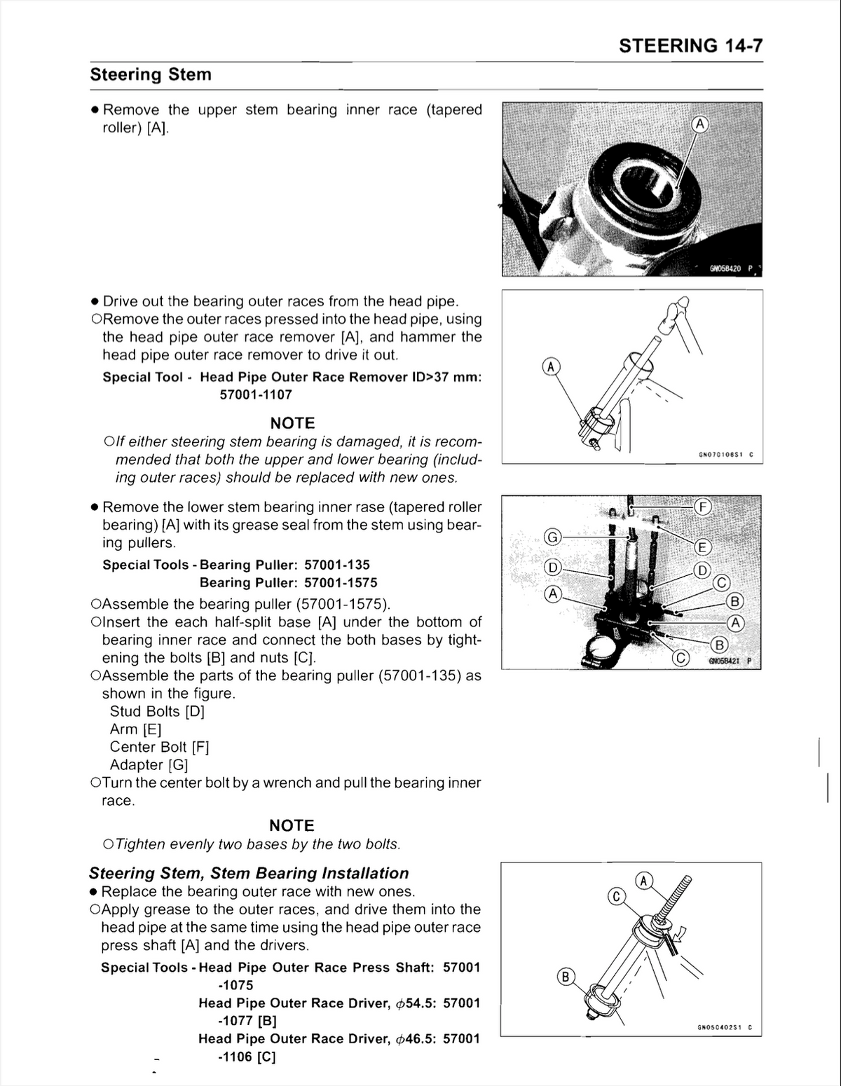 A black-and-white technical service manual page showing the steering stem assembly with labeled parts, notes, and installation steps for a racing tire.
