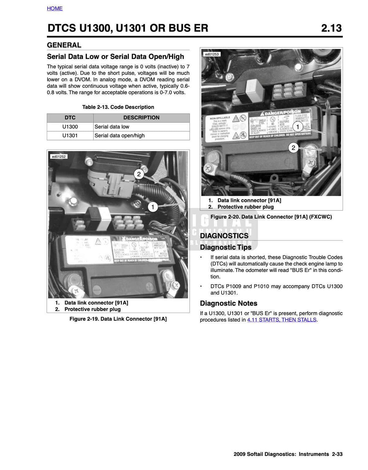Harley-Davidson 2009 Softail diagnostic manual page 2-13 DTCS U1300, U1301 or BUS ER serial data fault codes, serial data voltage range specifications 0-7 volts, code description table, data link connector [91A] location photo showing protective rubber plug, diagnostic tips for serial data short conditions and odometer BUS Er display