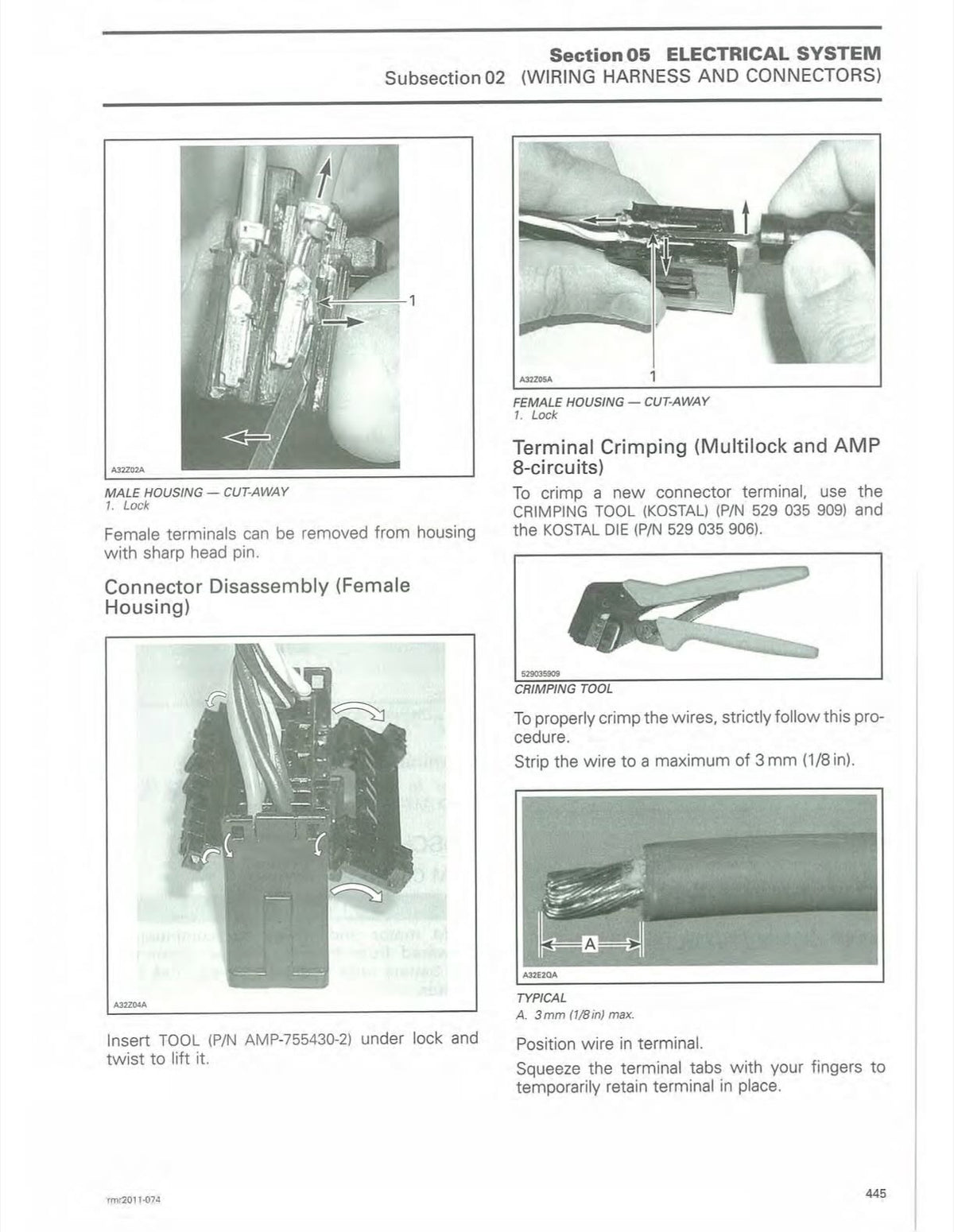 A printed page from an electrical system manual showing step-by-step instructions and photos for disassembling female housing connector terminals, with labeled figures, tool references, and wiring harness components.