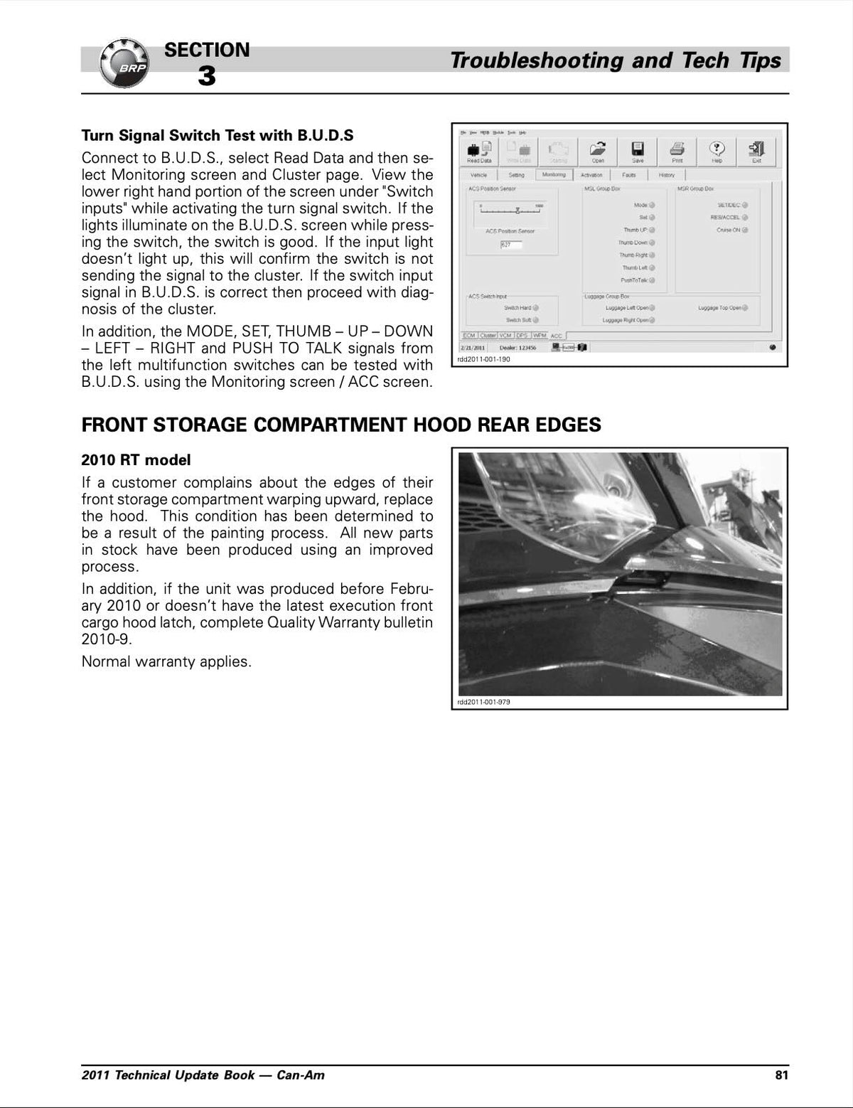 A scanned technical manual page with headings 'Section 3 Troubleshooting and Tech Tips,' explanatory text about B.U.