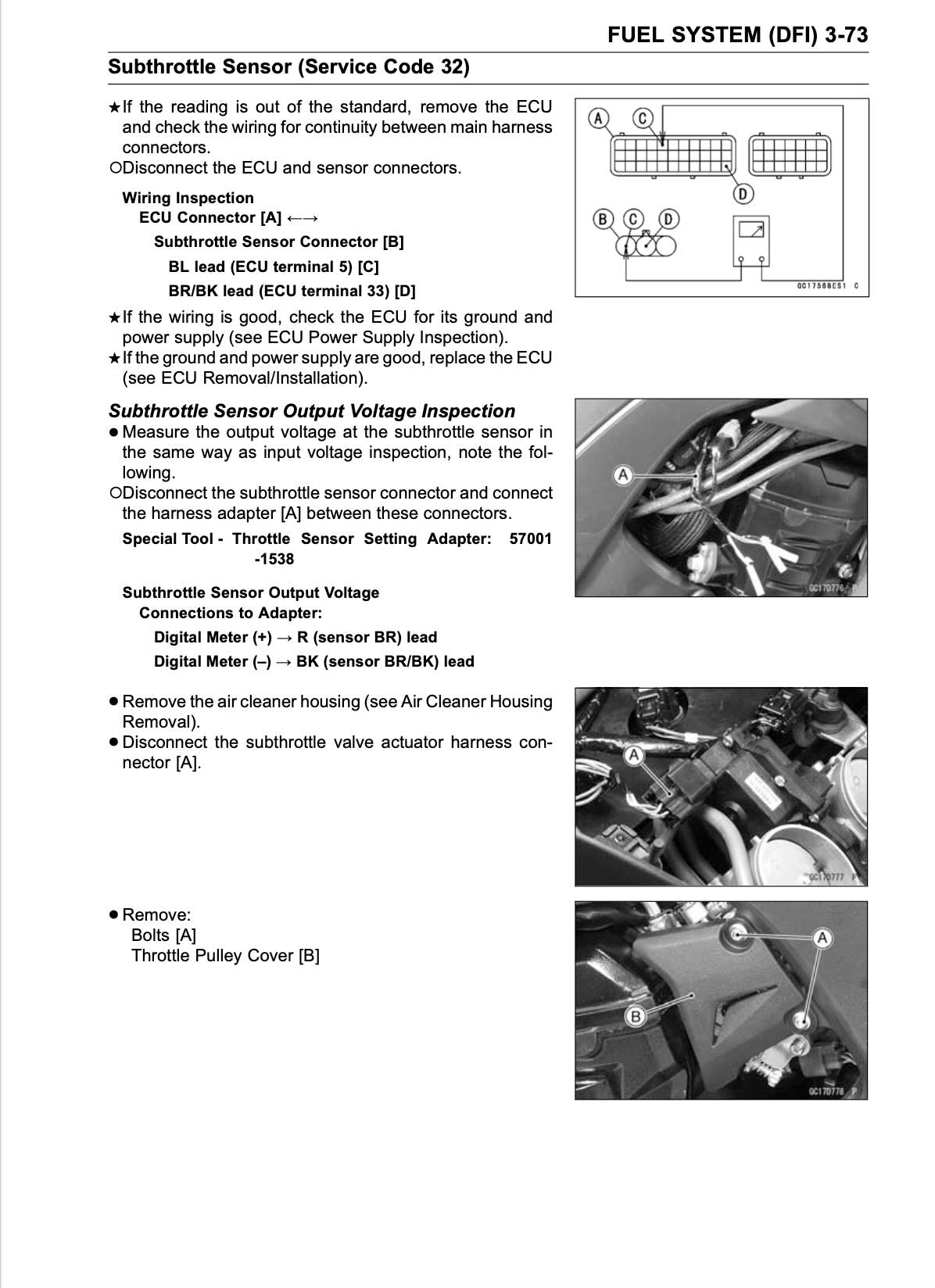 Kawasaki Z1000 service manual page 3-73 with subthrottle sensor wiring diagram and connector inspection photos