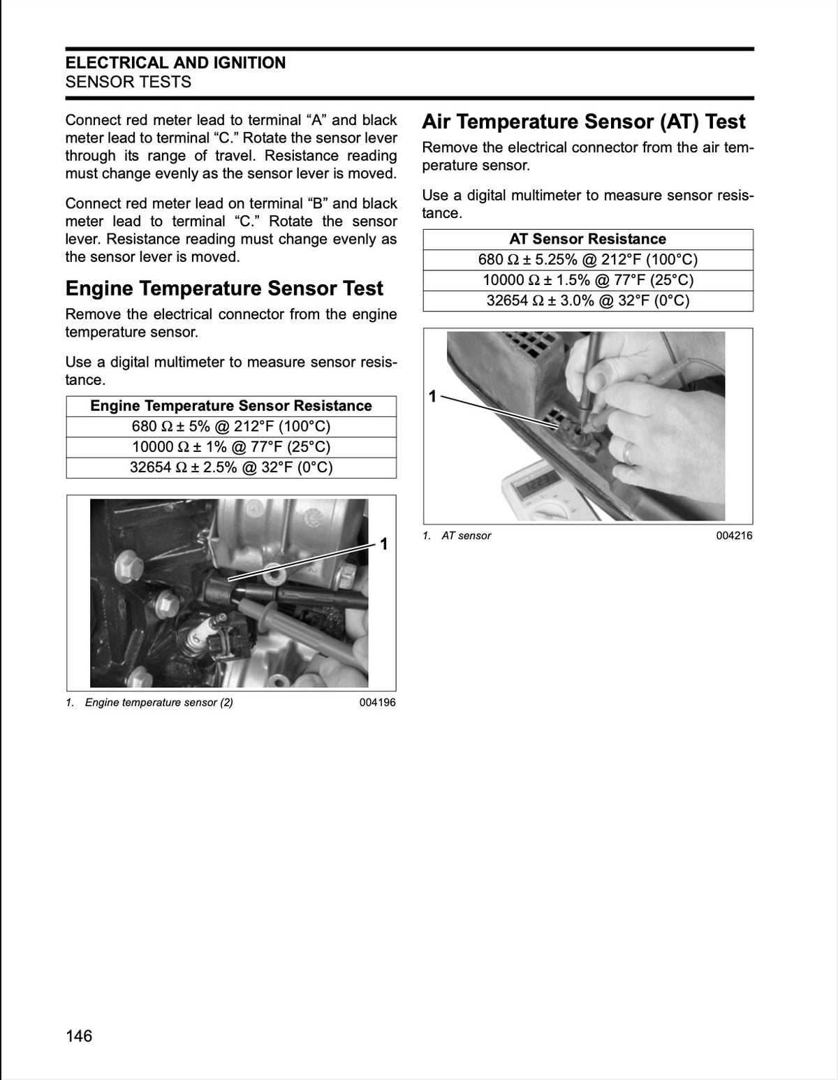 A technical service manual page with text instructions for electrical and ignition sensor tests, including a section for Air Temperature Sensor (AT) Test and Engine Temperature Sensor Test, with small labeled photos of sensor leads and resistance tables.