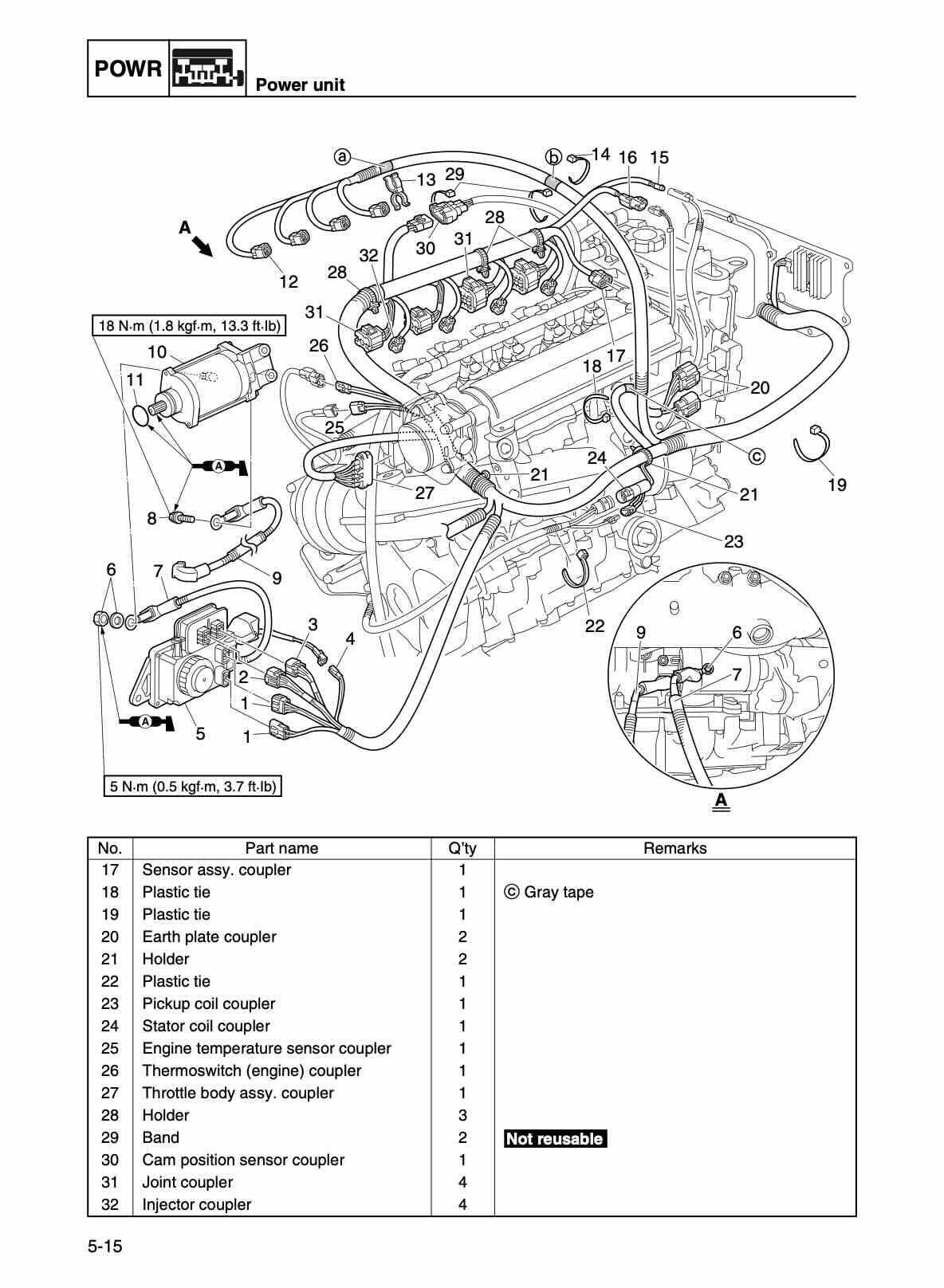 A technical schematic diagram of a power unit (engine) with numbered callouts and a parts list table at the bottom, shown on a white page.