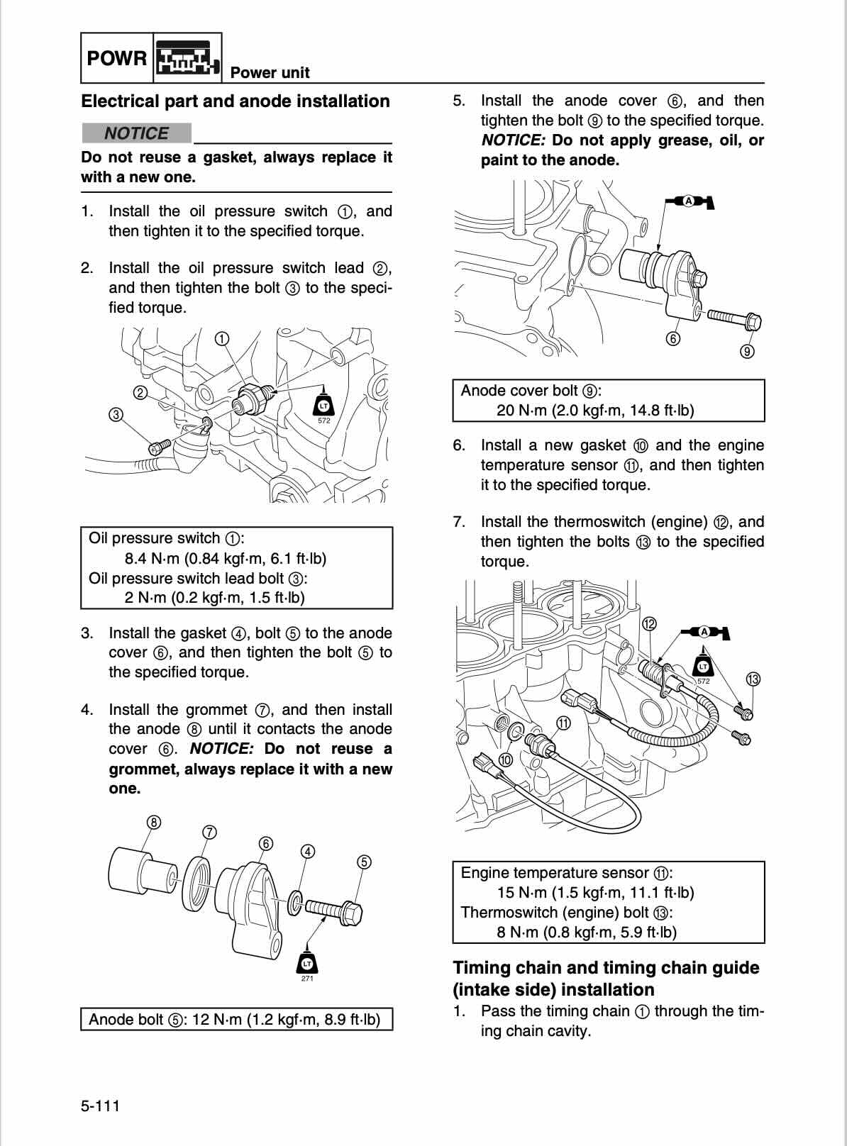 A printed installation guide page with labeled wiring diagrams and torque specifications for an automotive power unit, including notes, part numbers, and step-by-step installation instructions.