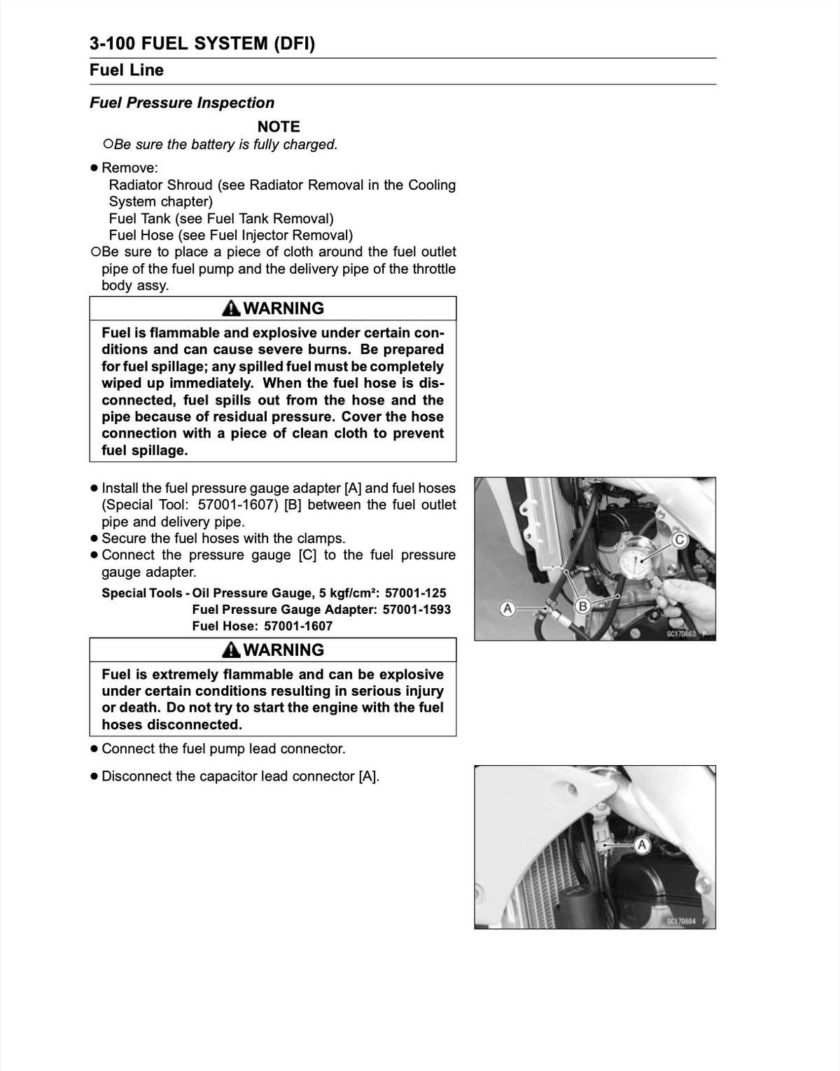 A black-and-white technical instruction sheet titled '3-100 FUEL SYSTEM (DFI)' with sections for 'Fuel Line' and 'Fuel Pressure Inspection,' plus warning notes and connector diagrams.