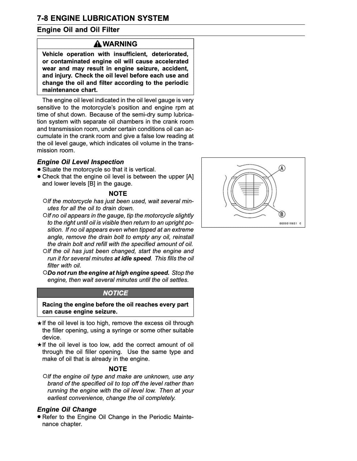 A black and white technical manual page for a 7-4 Engine Lubrication System, detailing engine oil and filter inspection and change procedures with a small schematic diagram.