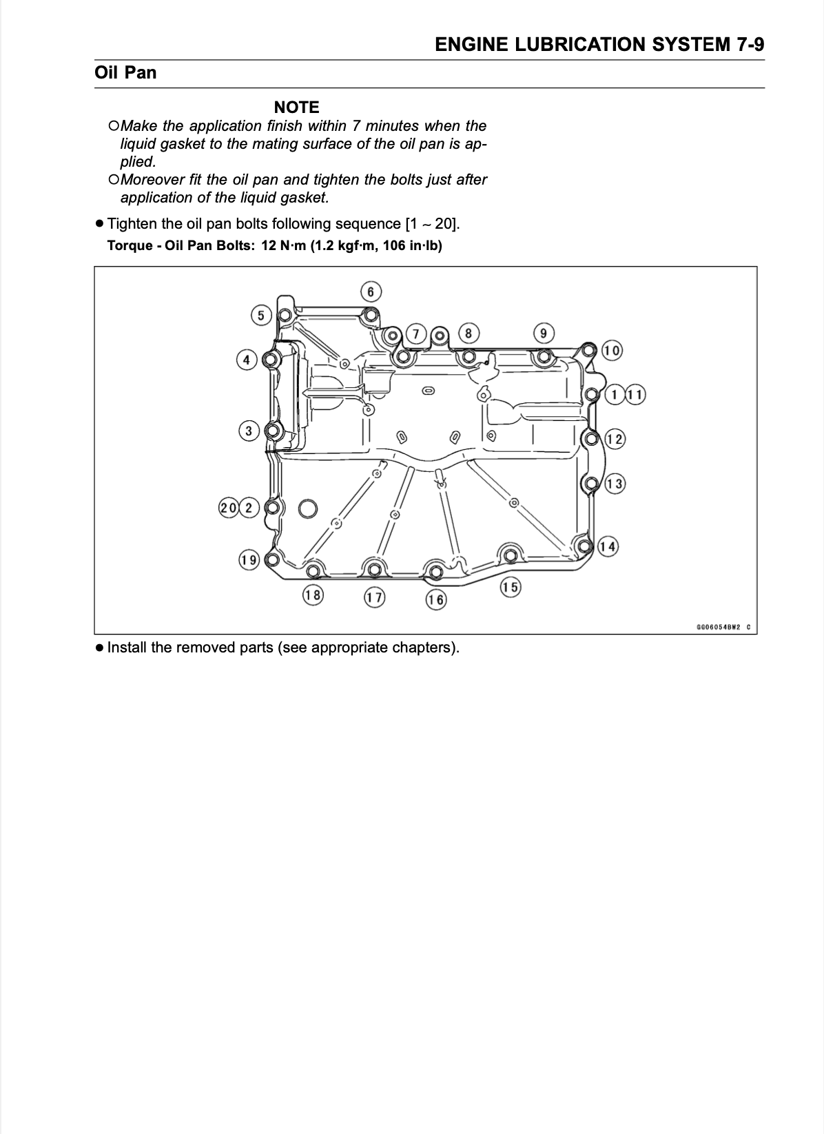 A technical schematic diagram of an oil pan with numbered bolt positions and notes for engine lubrication system installation, shown on a white page with black text and lines.