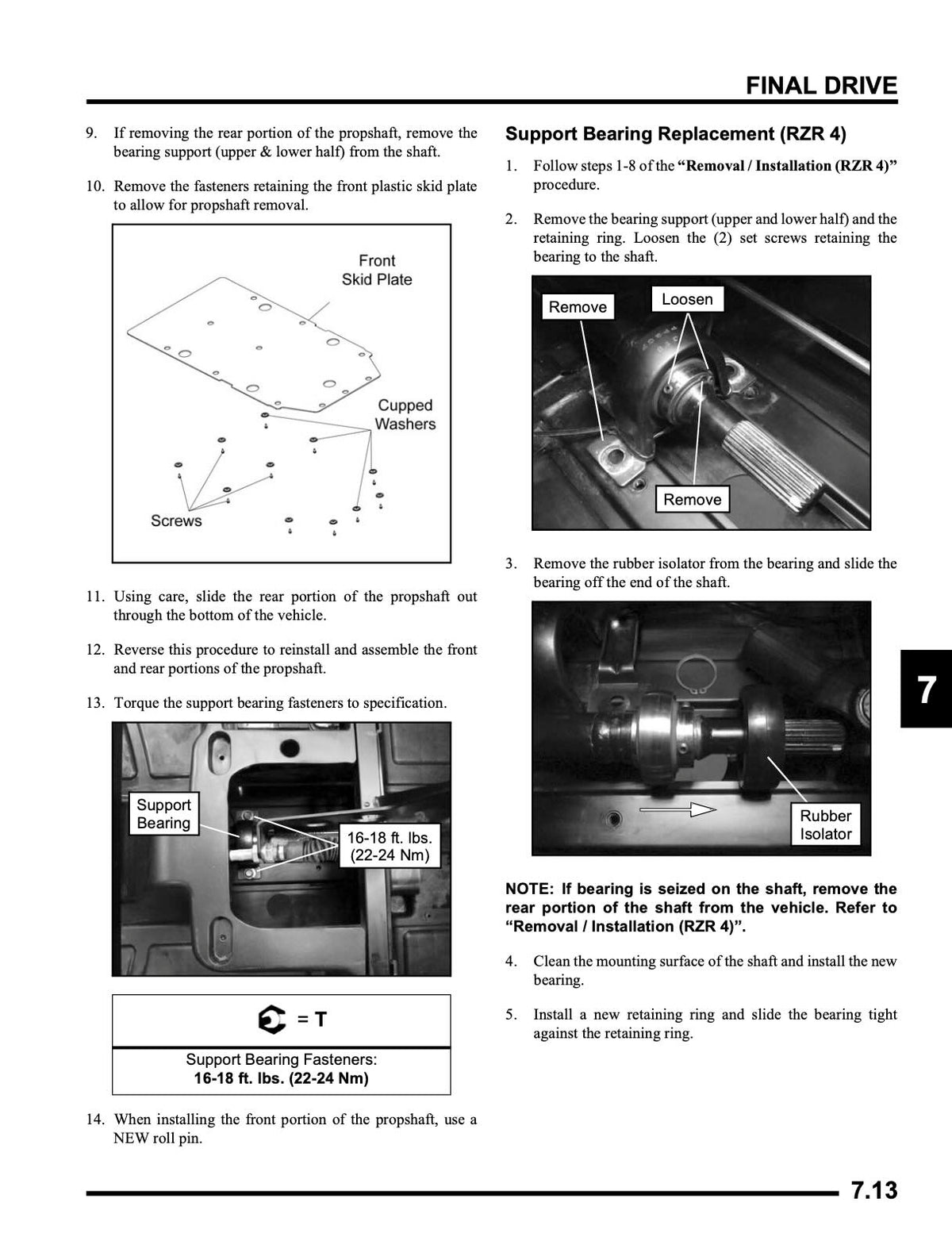 A technical service manual page for Final Drive support bearing replacement, showing numbered instructions, two labeled diagrams with arrows and callouts, and a small diagram with a T-handle wrench. The page is mostly white with black text and line drawings.