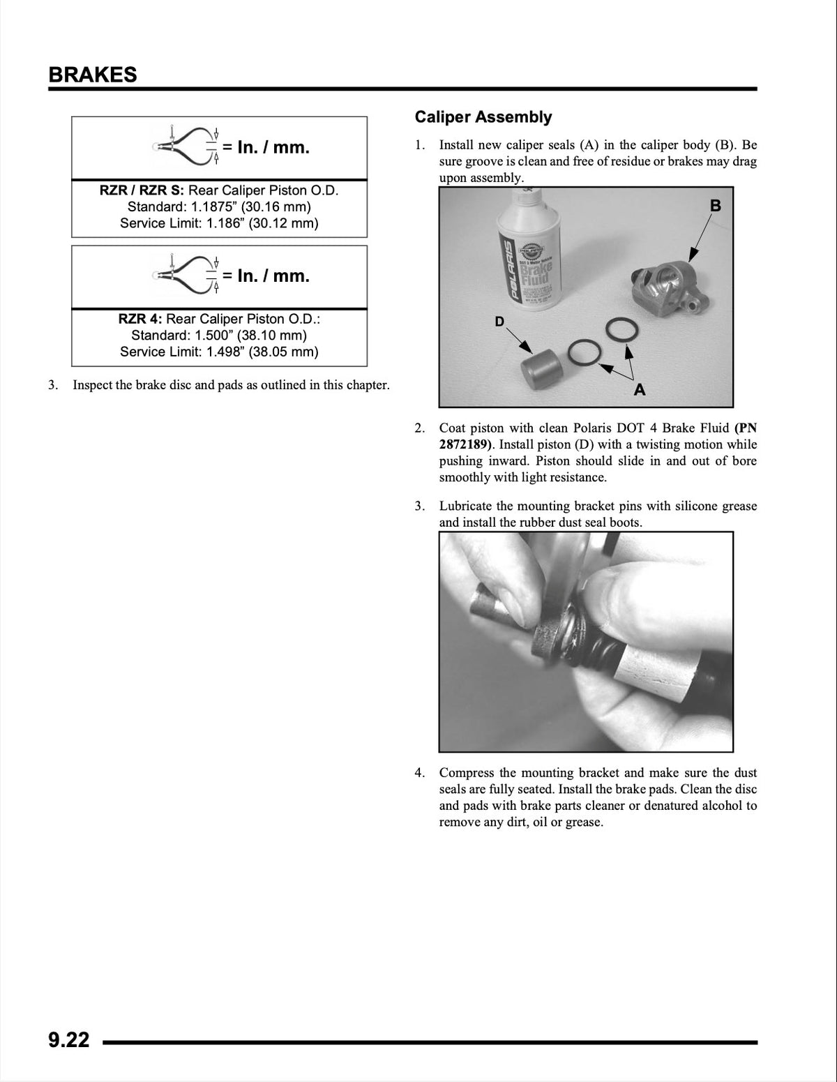 A printed page from a manual with the heading 'BRAKES' and a section titled 'Caliper Assembly.' It contains dimensioned diagrams, numbered instructions, and a small labeled photo showing brake caliper parts being installed and secured.