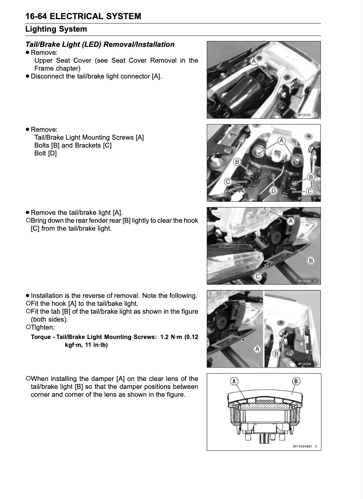 Kawasaki ZX-10R Ninja service manual page 16-64 with tail/brake light LED removal and installation photos