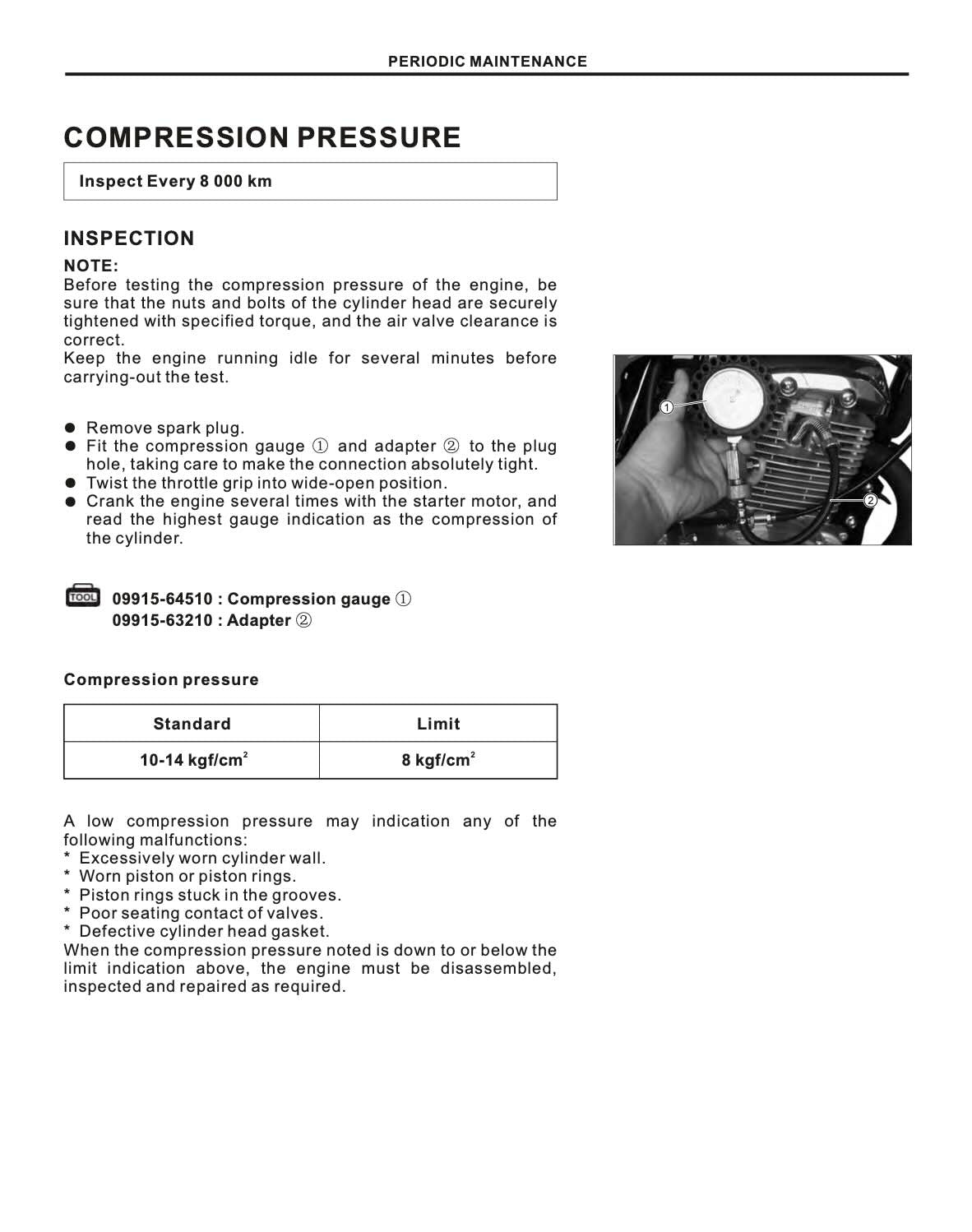 Suzuki GZ150 service manual compression pressure inspection with gauge photo and specs