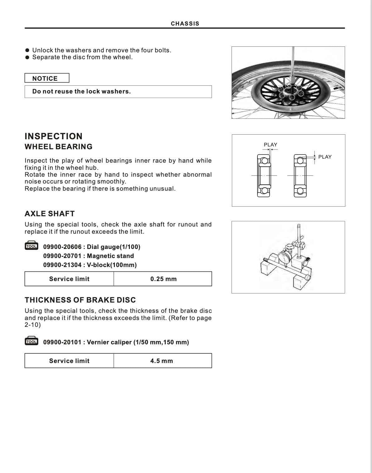 Suzuki GZ150 service manual chassis wheel bearing and brake disc inspection diagrams