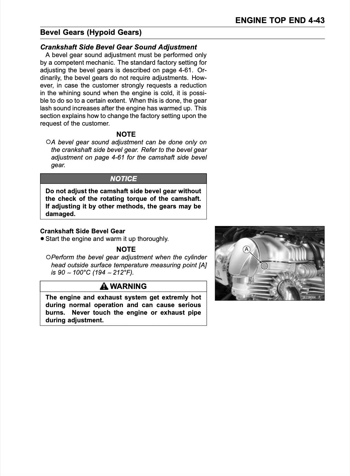 A black-and-white technical service manual page titled 'ENGINE TOP END E-4-43' with text about bevel gears and a small labeled diagram of a crankshaft side bevel gear.