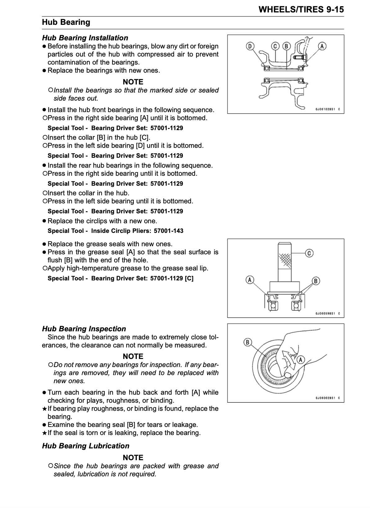 A black-and-white technical instruction sheet titled 'WHEELS/TIRES 9-15 Hub Bearing' with step-by-step installation, inspection, and lubrication procedures plus numbered diagrams showing hub bearing components and cross-sections.