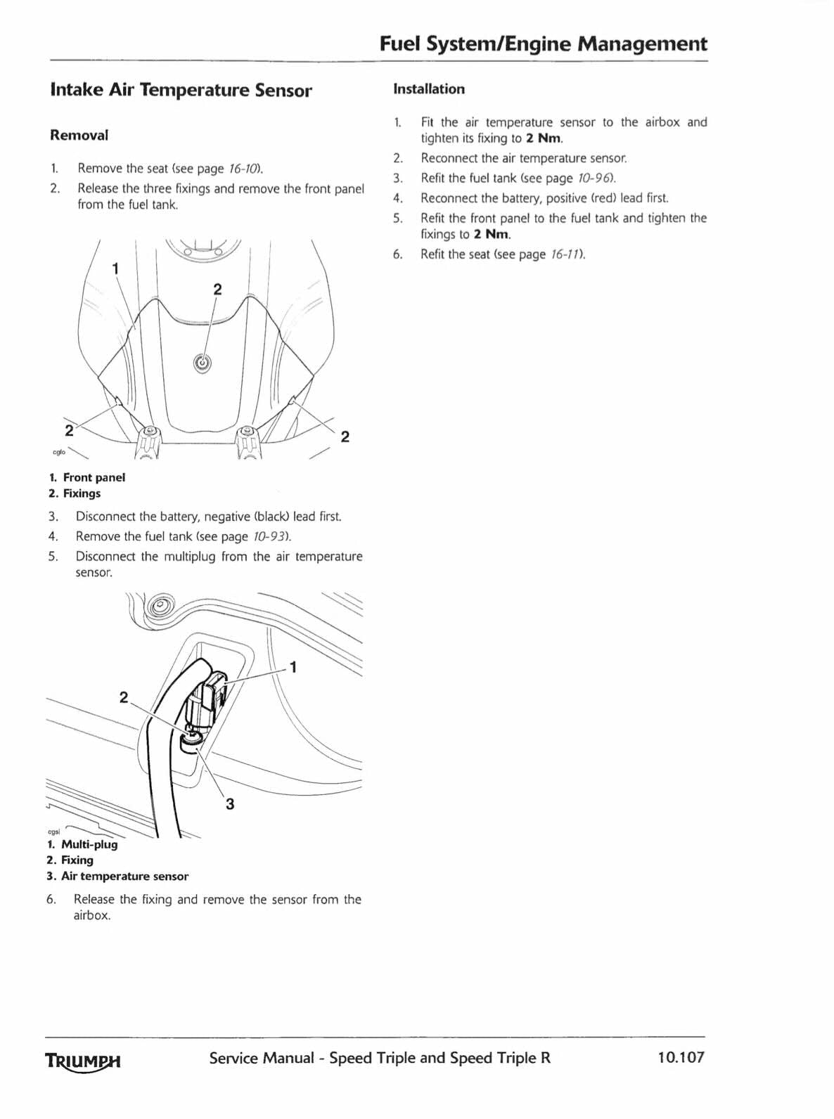 Triumph Speed Triple 1050 service manual page 10.107 intake air temperature sensor removal diagrams