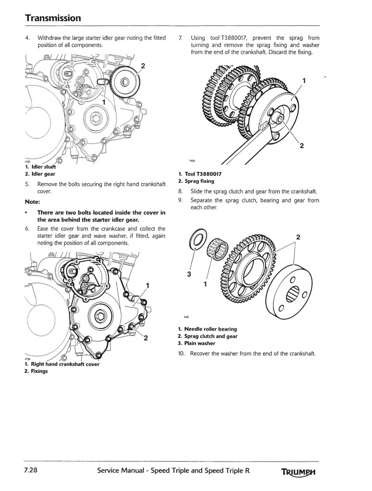 Triumph Speed Triple R 1050 service manual page 7.28 transmission starter idler gear and sprag clutch diagrams