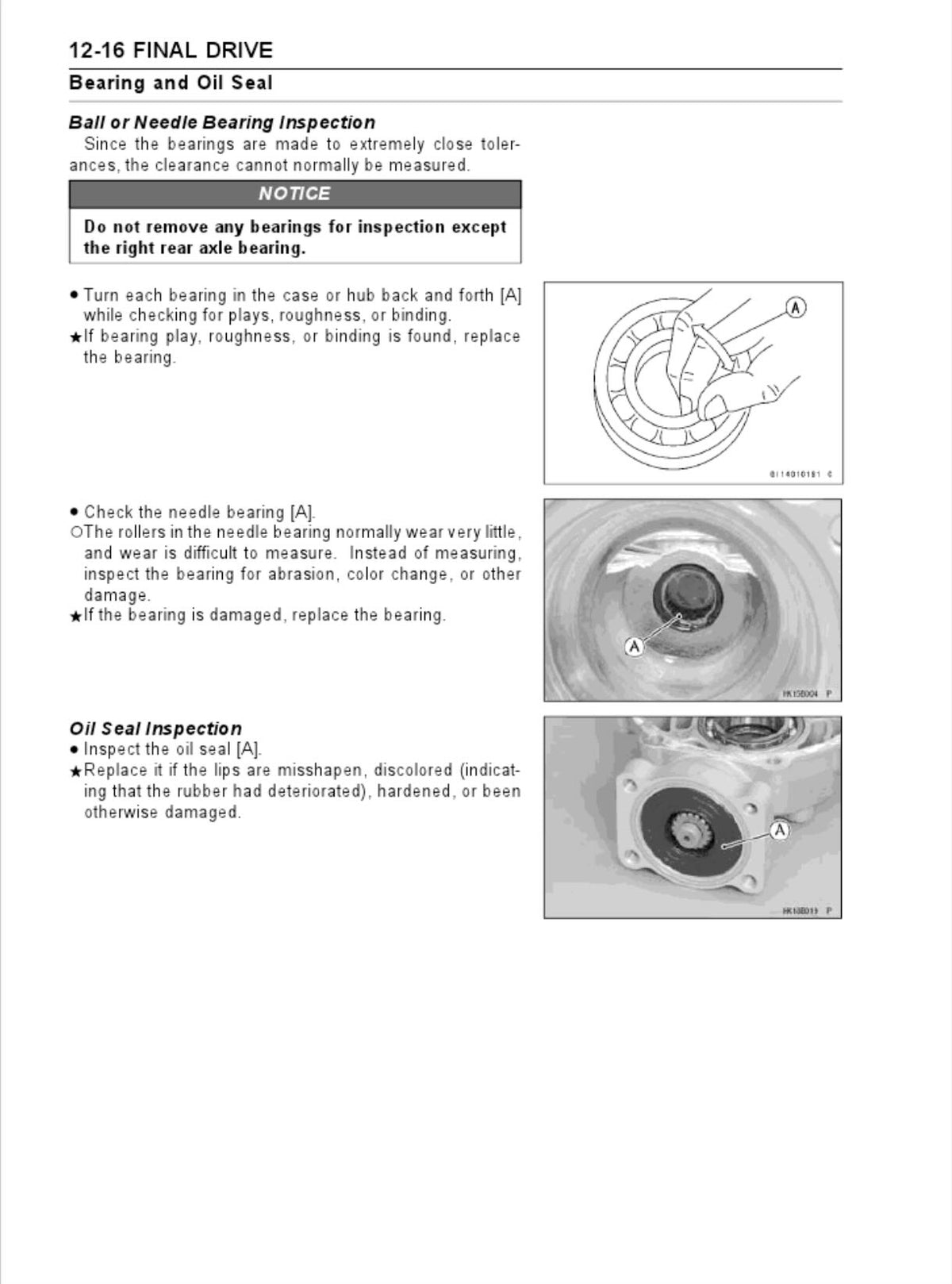 Kawasaki KVF300 service manual page 12-16 with final drive needle bearing and oil seal inspection photos