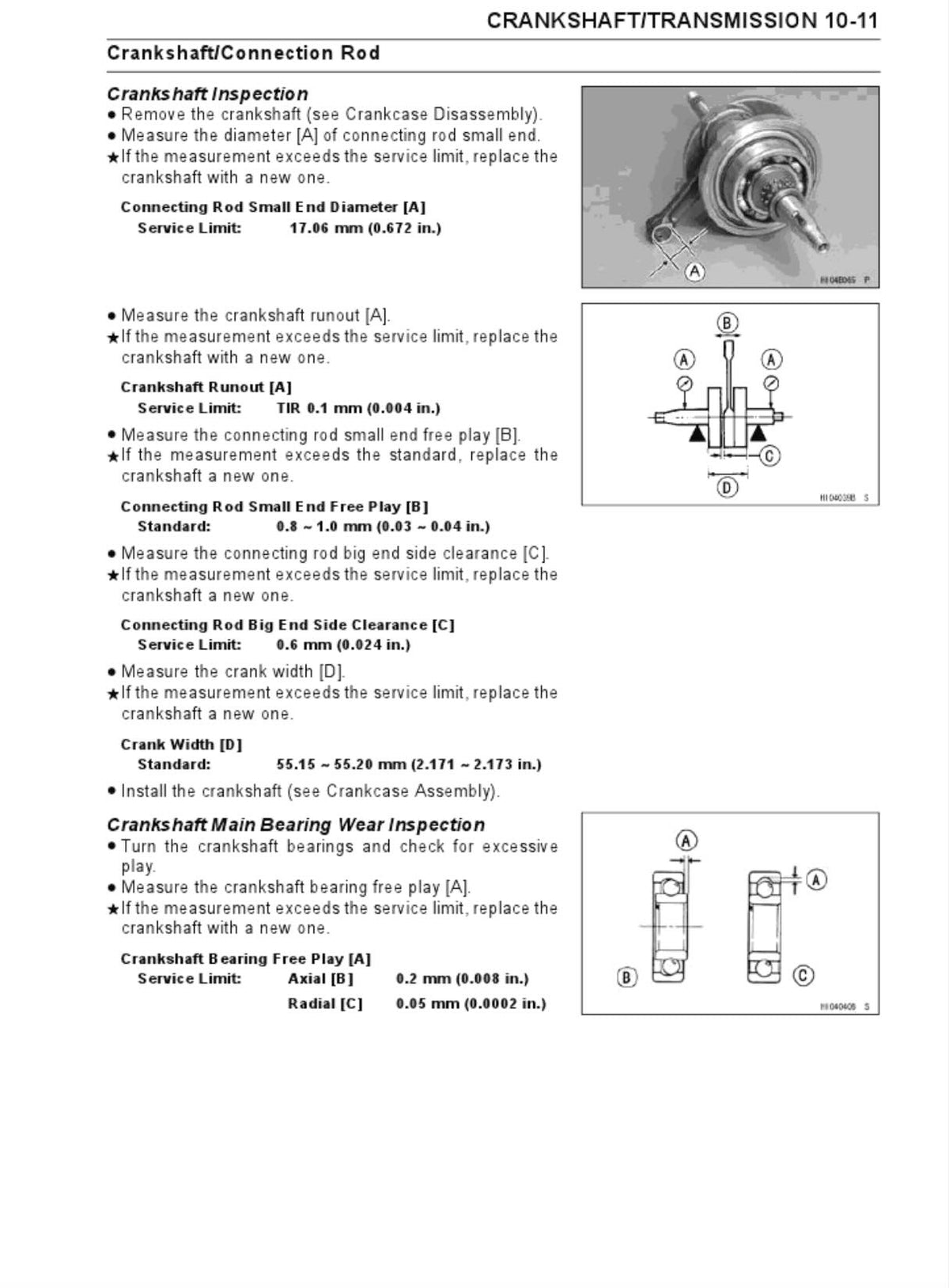 Kawasaki KVF300 service manual page 10-11 with crankshaft and connecting rod measurement diagrams plus service limit specs