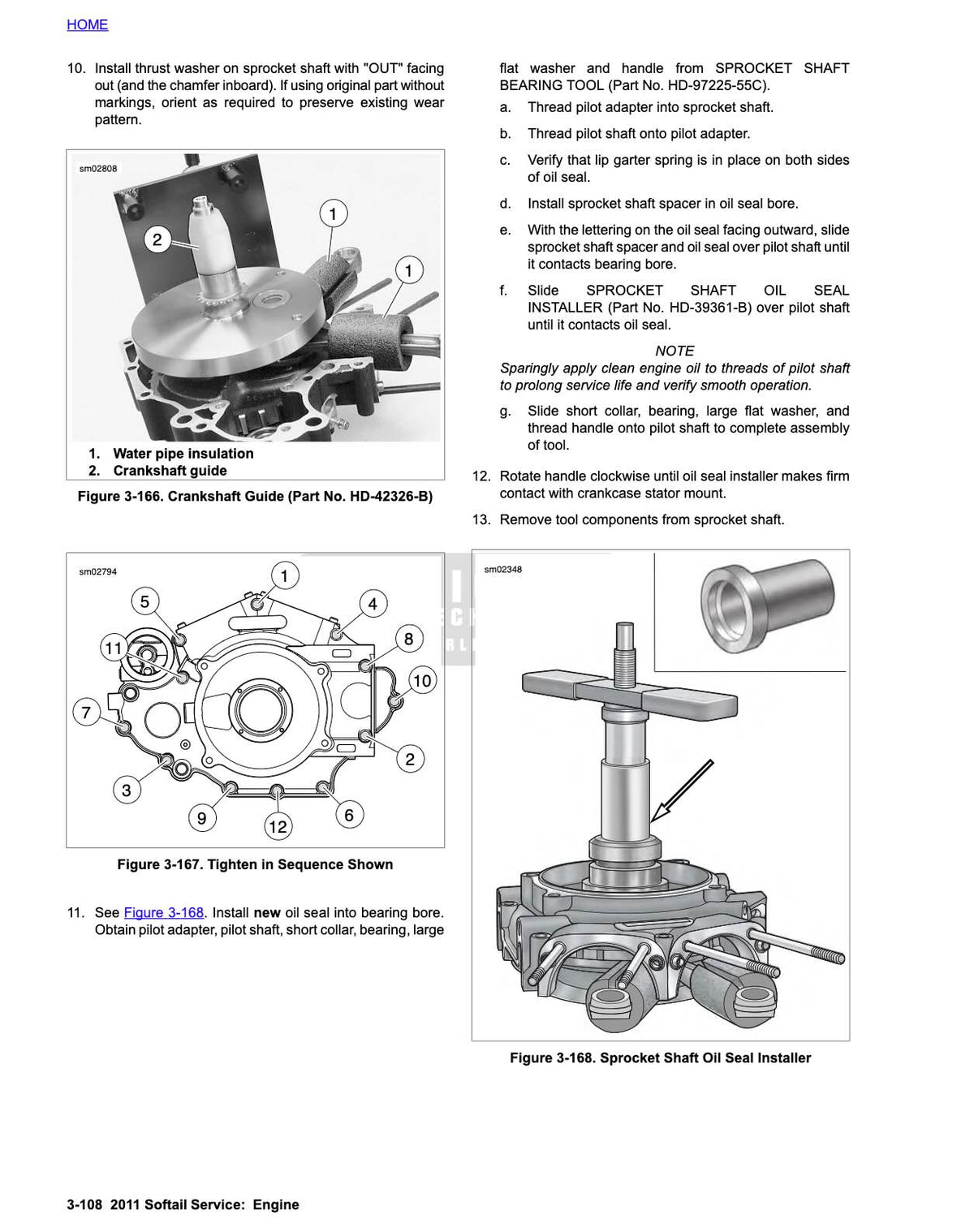 A service manual page with labeled diagrams and text for installing a thrust washer on a sprocket shaft. The page includes three numbered technical illustrations with callouts, a small parts list, and instructions, on a white background.
