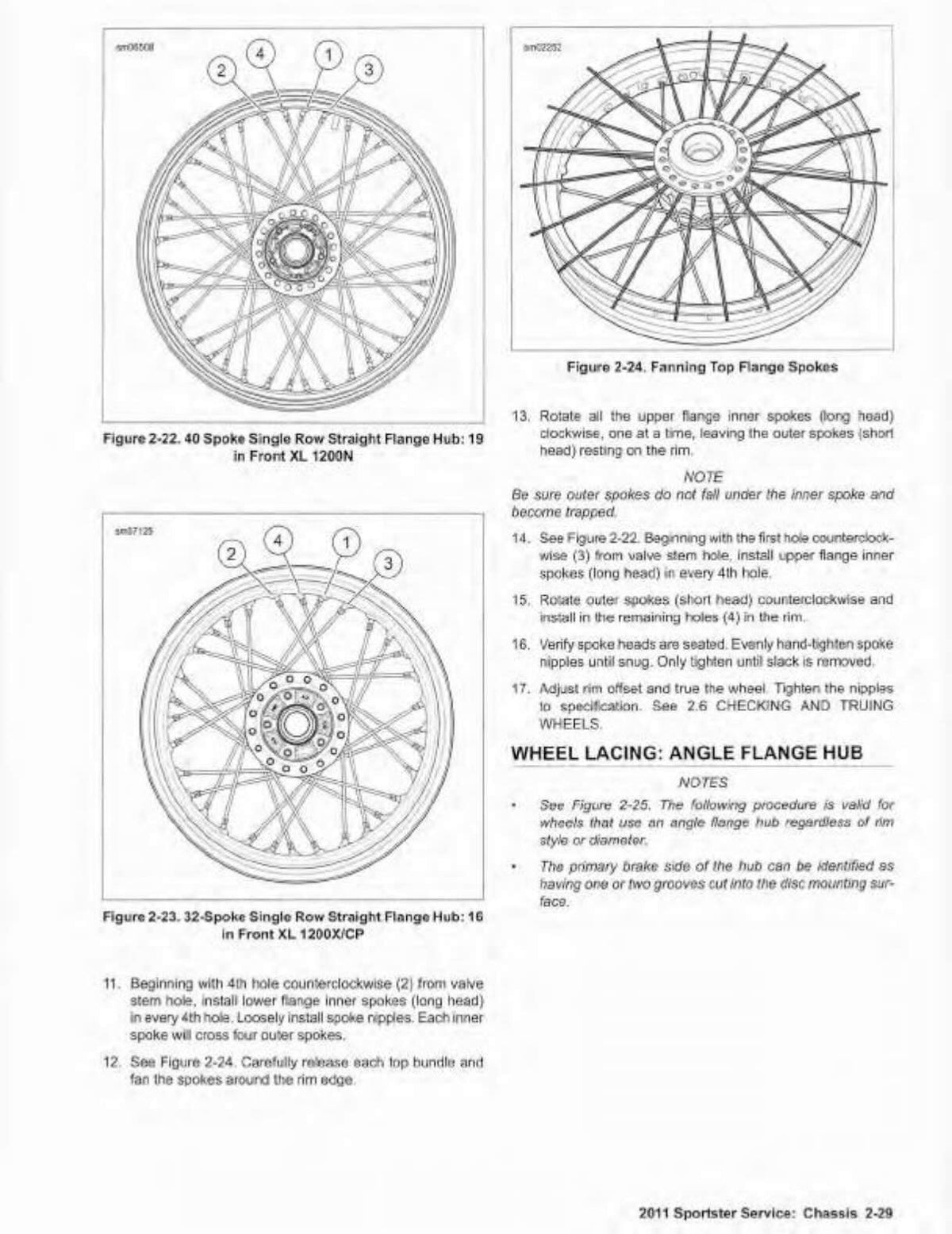 Harley-Davidson Sportster service manual page 2-29 wheel lacing with 40-spoke and 32-spoke single row straight flange hub diagrams, fanning top flange spokes procedures, spoke installation sequence for inner and outer spokes, spoke head seating and hand-tightening, rim offset and wheel truing adjustment, angle flange hub notes and brake side identification