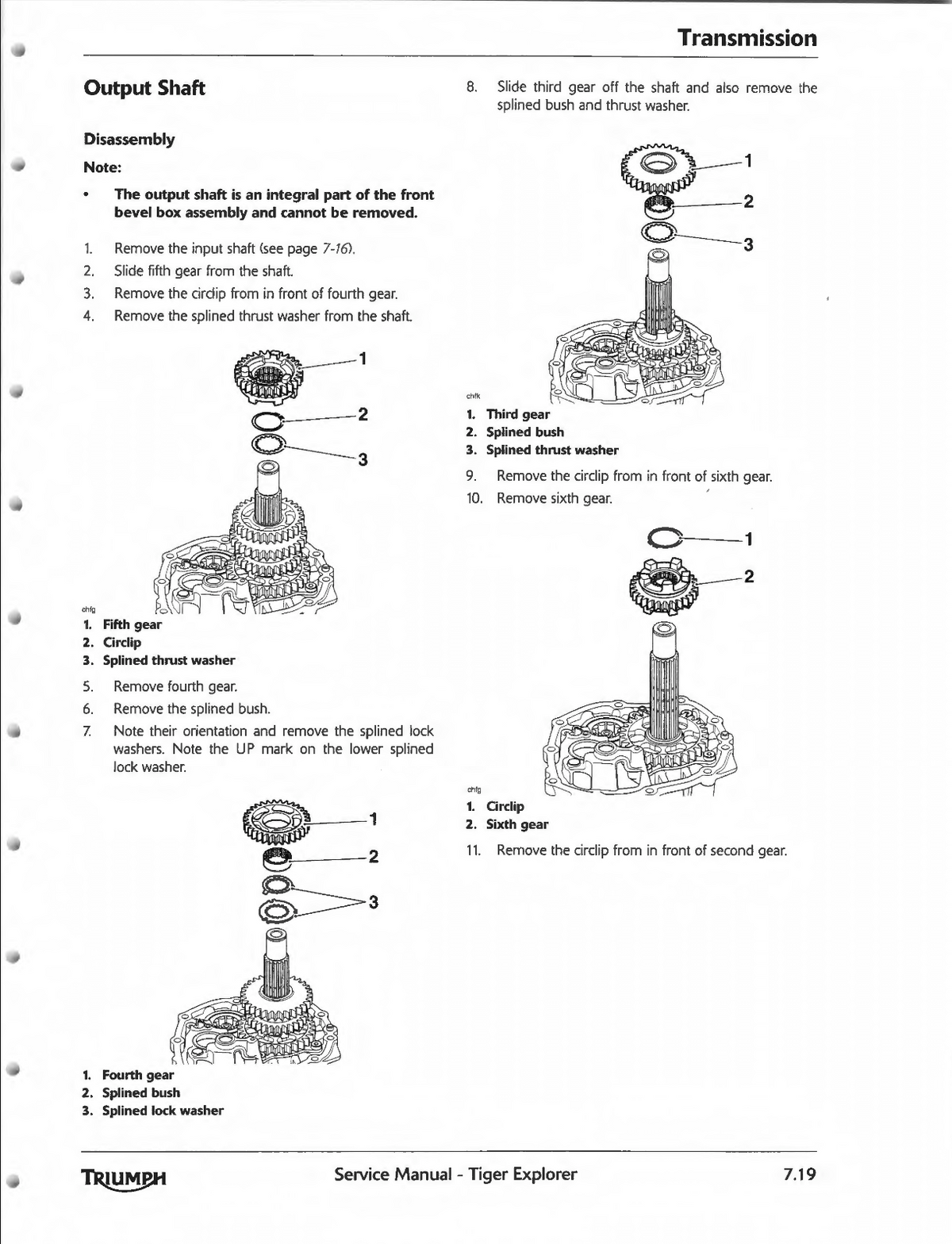 A scanned service manual page for a Triumph Tiger Explorer, showing the disassembly instructions for the output shaft and transmission components with numbered diagrams and text.