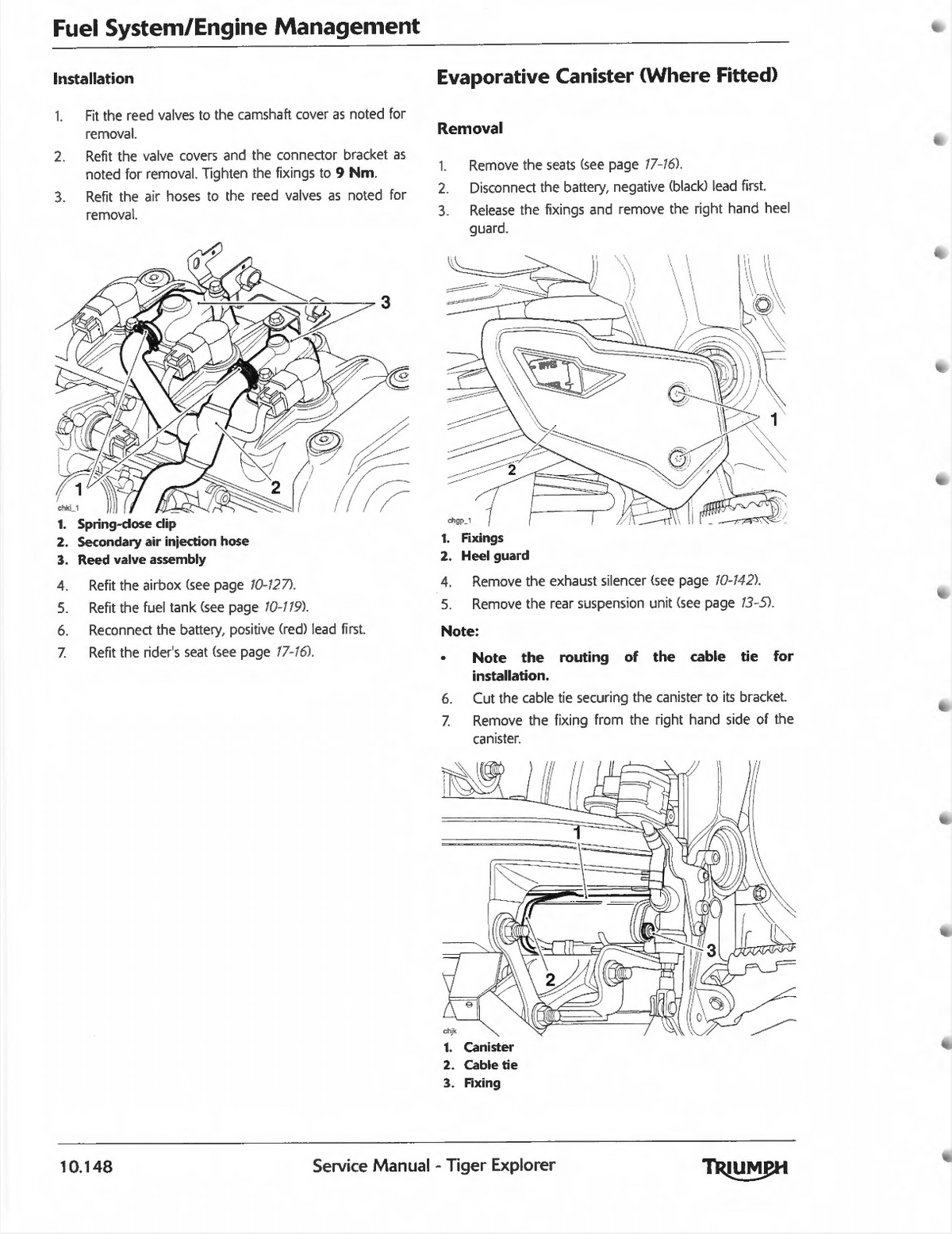 A page from a Triumph service manual for a Tiger Explorer detailing how to disconnect and reconnect the evaporative canister. The page features black-and-white line drawings with numbered callouts, step-by-step installation and removal instructions, and a small diagram showing the cable tie installation.