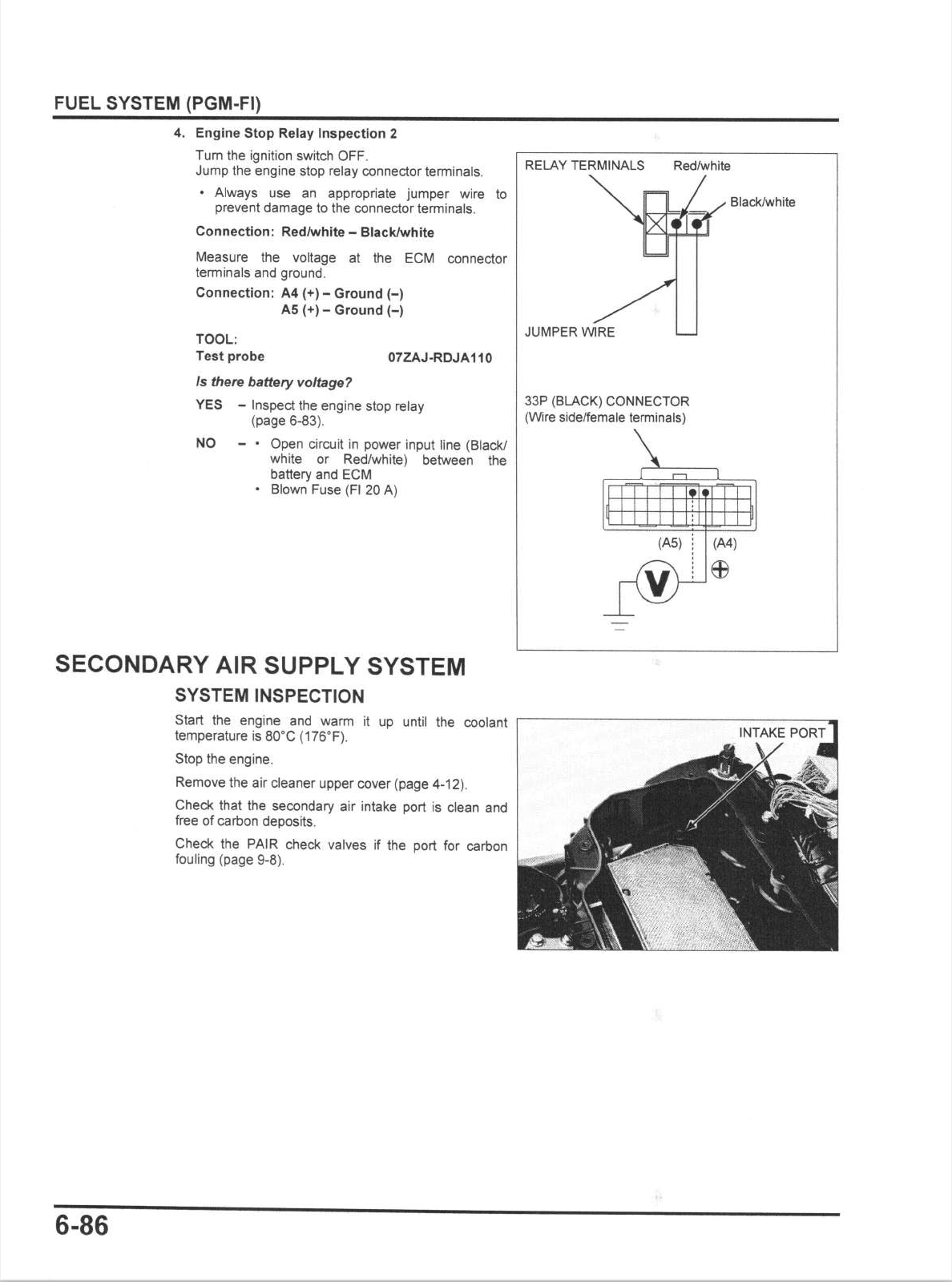 A technical service manual page for a PGM-F1 fuel system and secondary air supply system, featuring black-and-white line drawings with terminal labels and inspection steps.