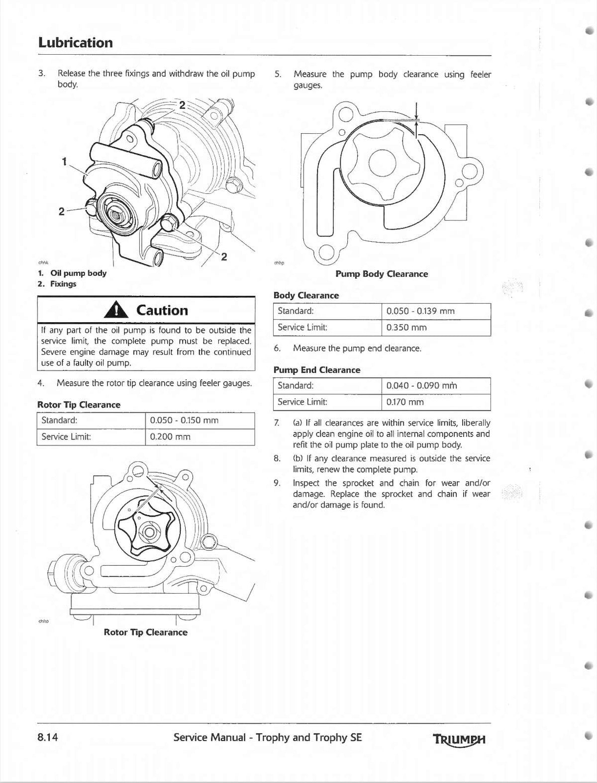 Triumph Trophy service manual page with oil pump body, rotor tip and end clearance measurement diagrams plus service limits