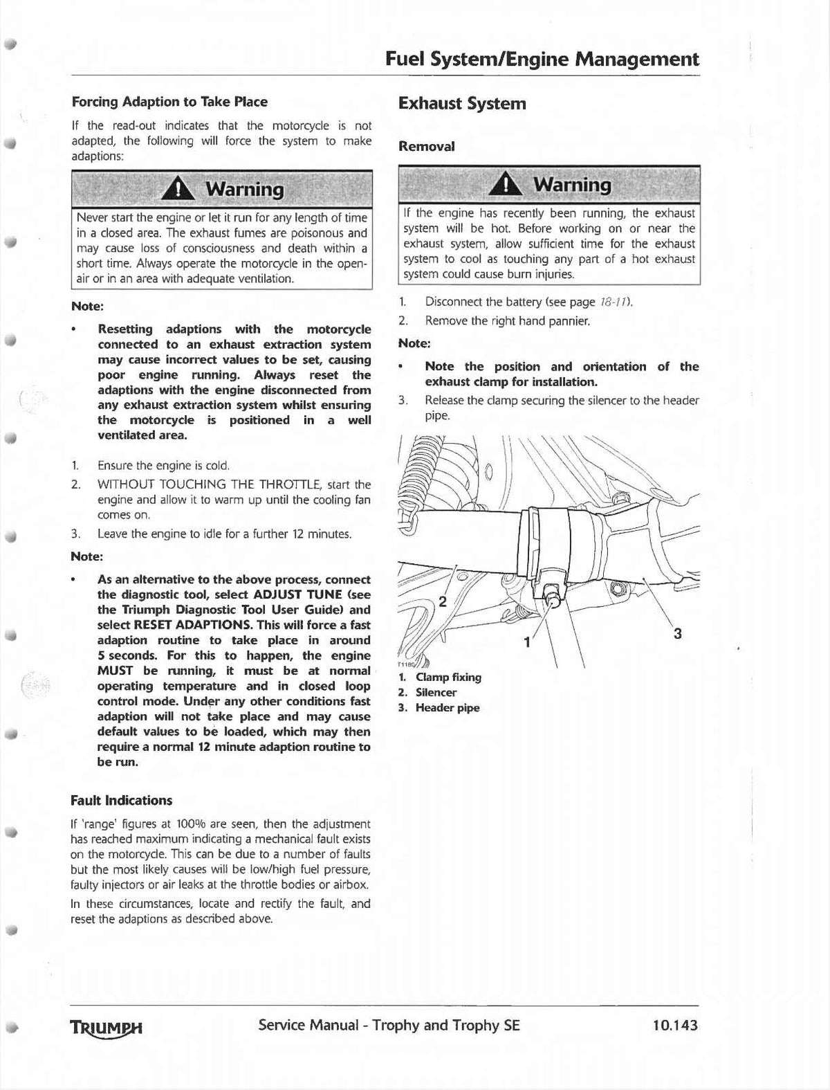 Triumph Trophy SE service manual page with exhaust silencer clamp removal diagram and engine adaptation reset notes