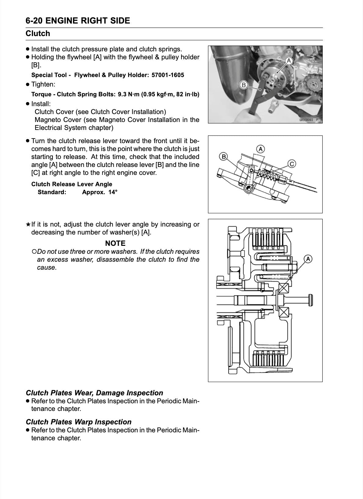 A technical service manual page for a 6-20 engine right side clutch, showing bullet points of installation and adjustment instructions alongside detailed technical diagrams of the clutch components.