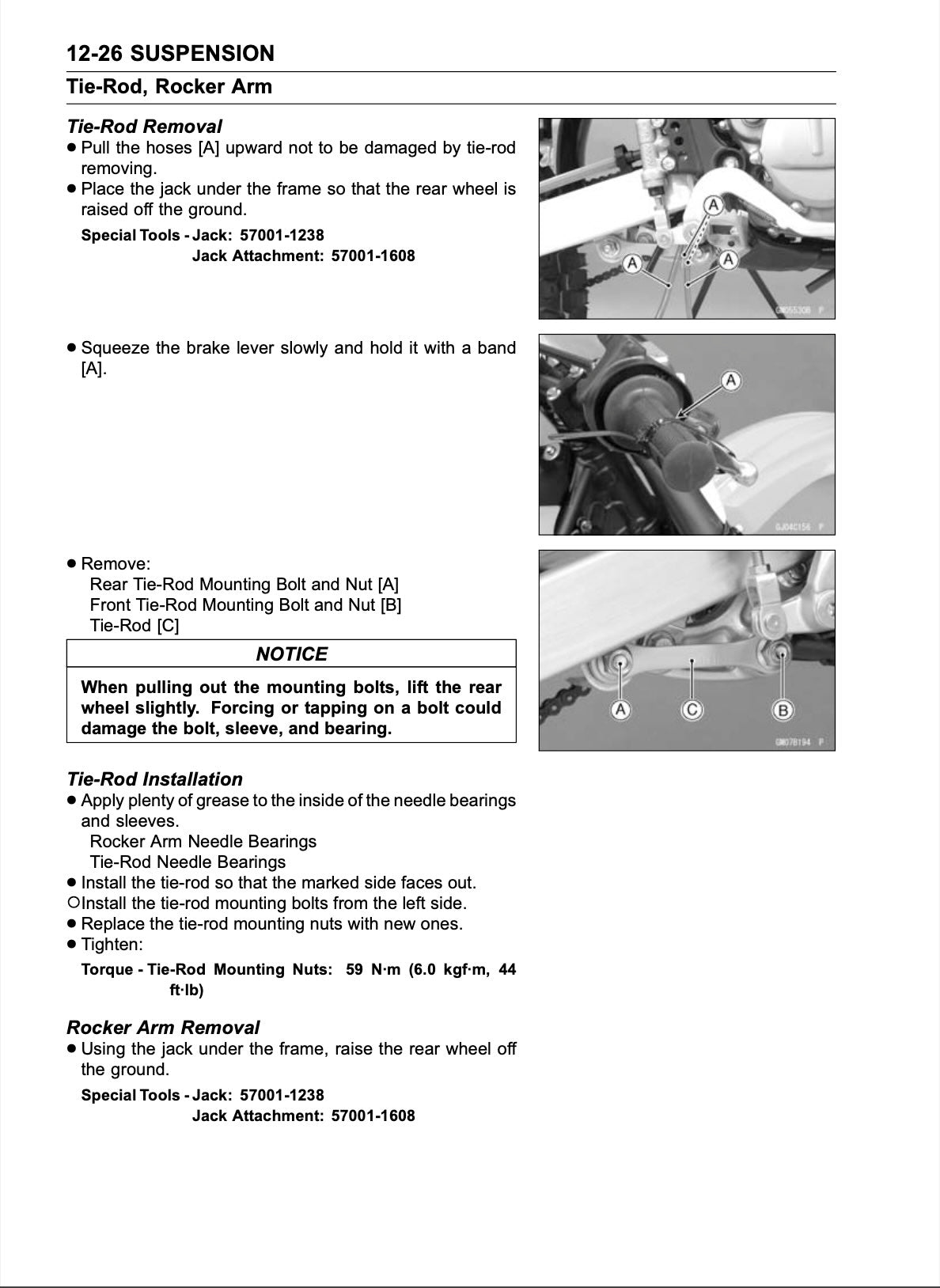 A black-and-white technical service manual page for a Jack brand vehicle tie-down system, detailing suspension procedures including removal and installation of the Rocker Arm with numbered diagrams and torque specifications.