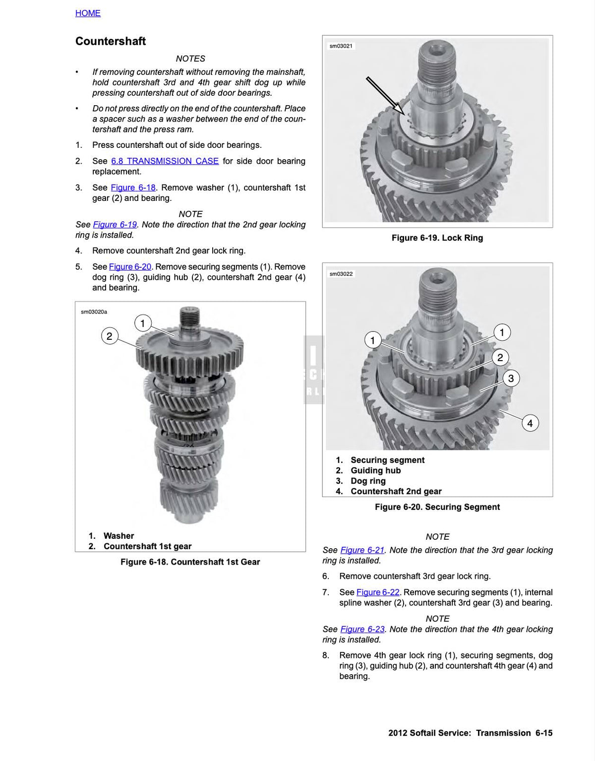 Harley-Davidson Softail service manual page on countershaft removal with photos of lock ring, securing segments, and 1st/2nd gear assemblies