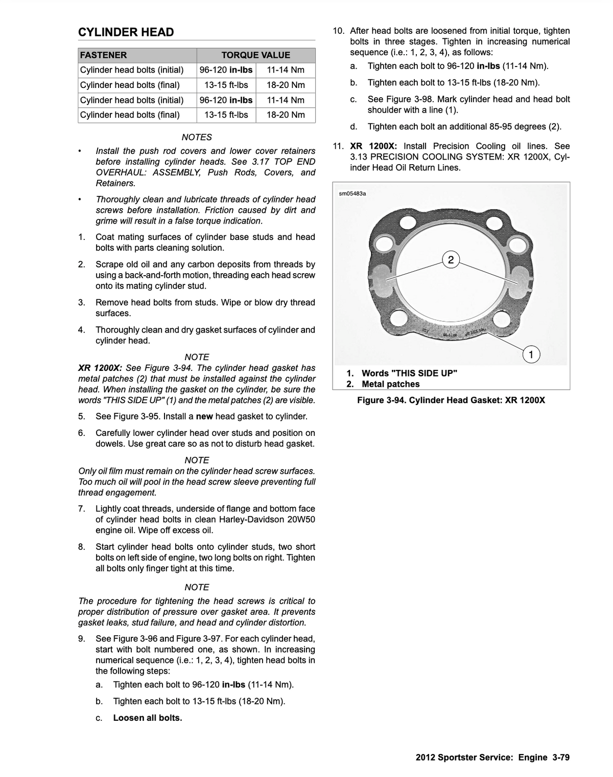 A printed instruction sheet for a cylinder head gasket on a 2012 Sportster S2 engine, showing torque values, installation steps, and alignment notes.