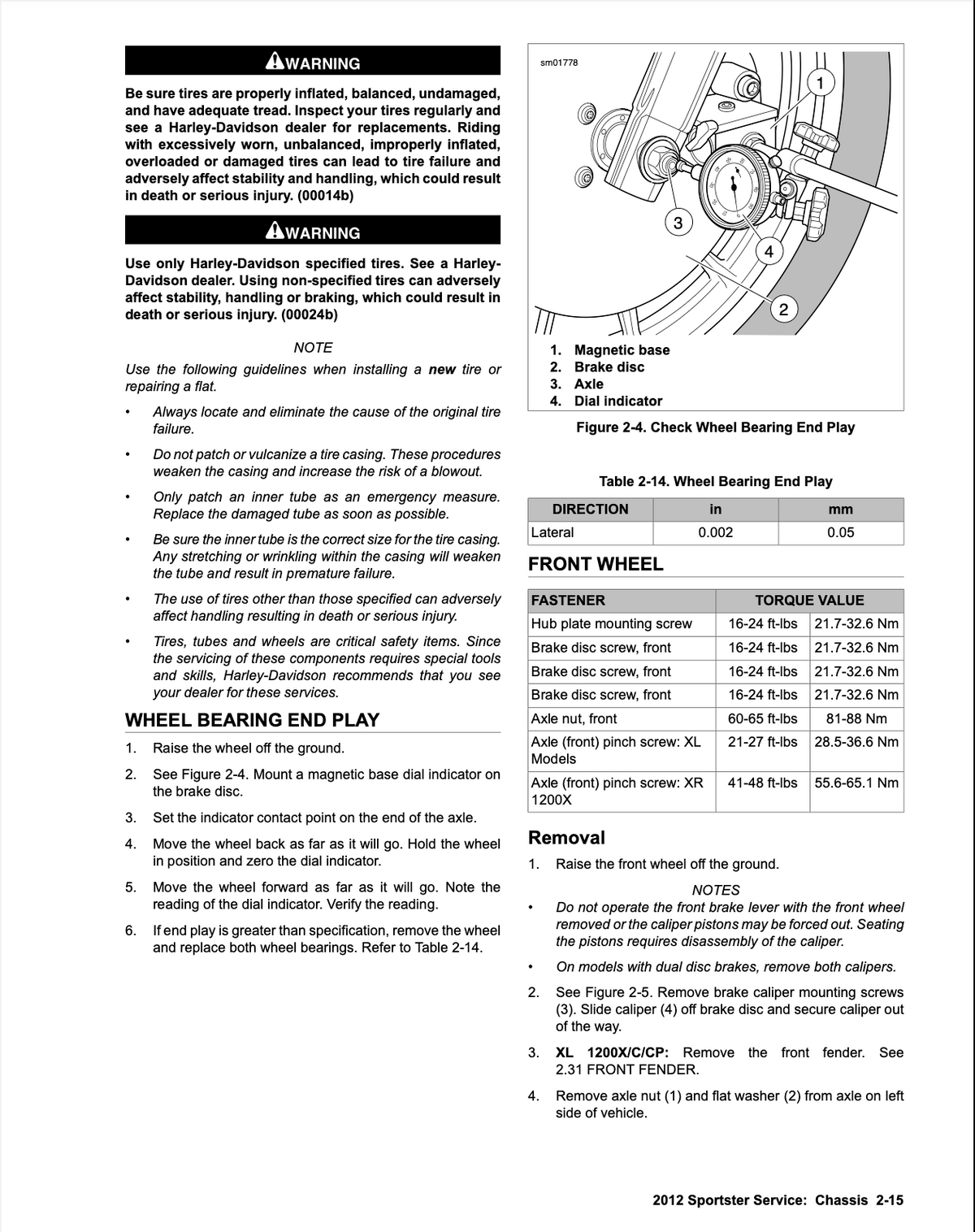 A printed service manual page with warning labels, a small diagram of a wheel bearing play gauge tool, and a table showing front wheel bearing end play measurements for different brake types and models.