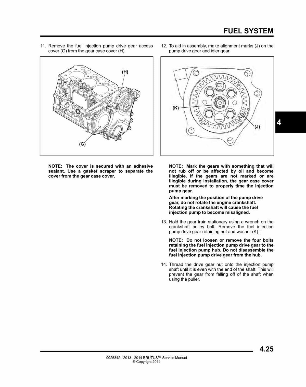 Polaris Brutus service manual page 4.25 fuel injection pump drive gear access cover and alignment diagrams