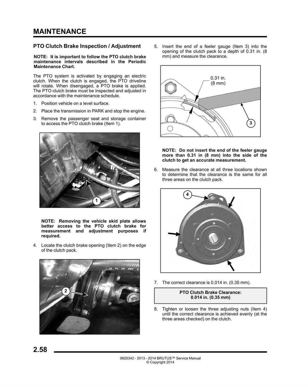 Polaris Brutus service manual page 2.58 PTO clutch brake clearance measurement photos and diagrams