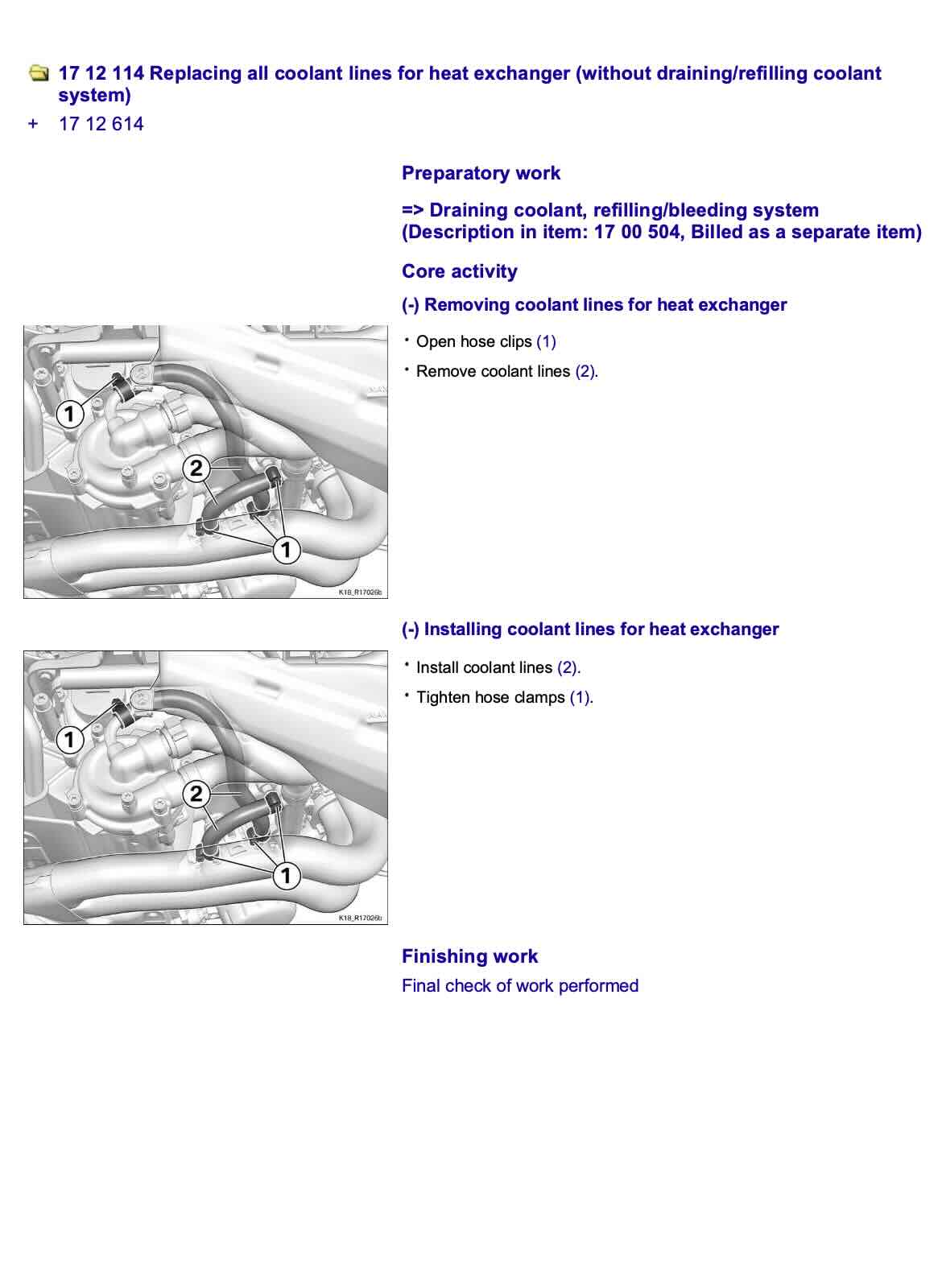 A technical service manual page showing how to replace coolant lines for a heat exchanger, with two labeled diagrams of the engine area, step-by-step instructions, and a white background.